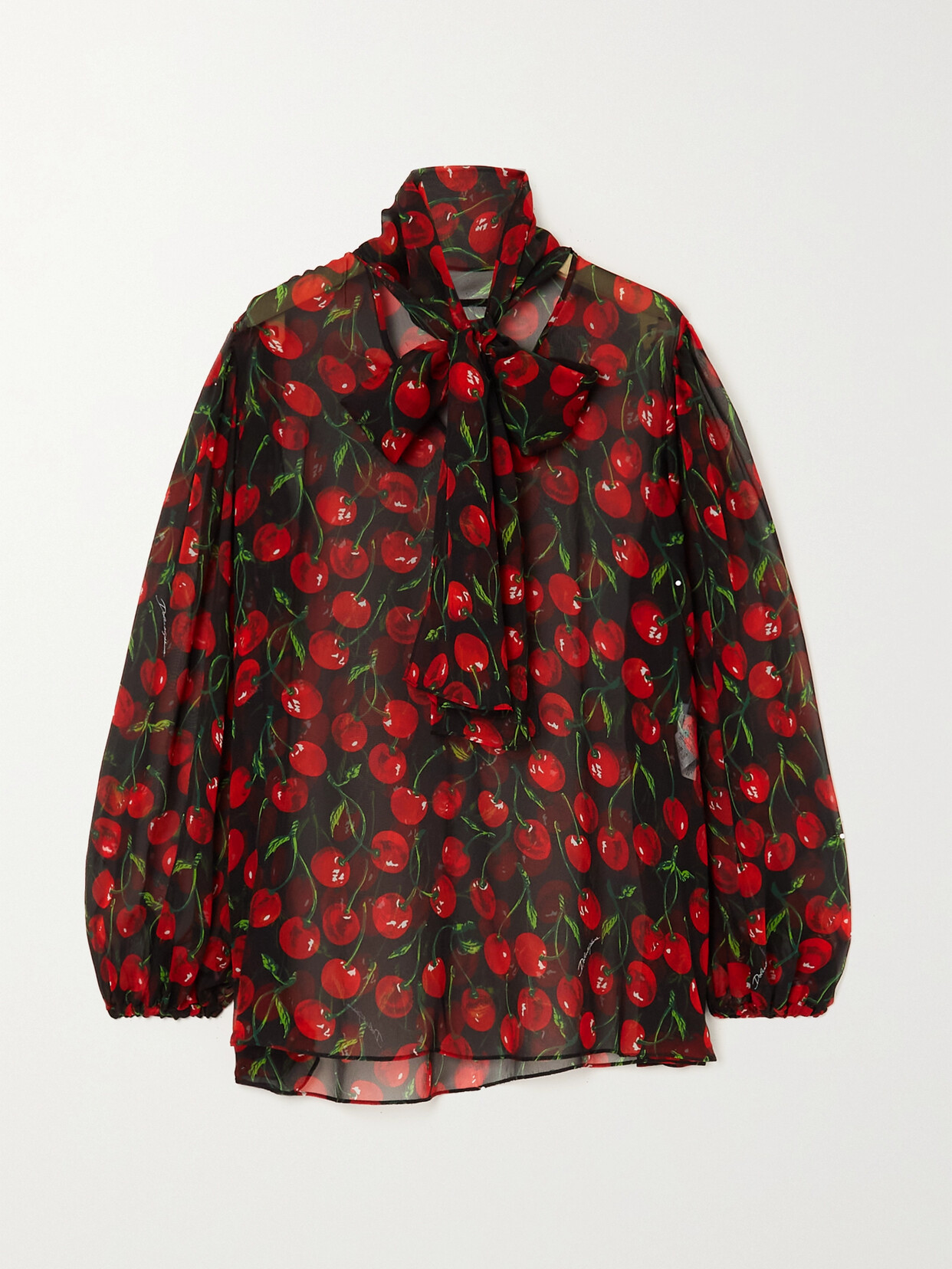 Dolce & Gabbana Cherry Printed Silk Chiffon Shirt In Black