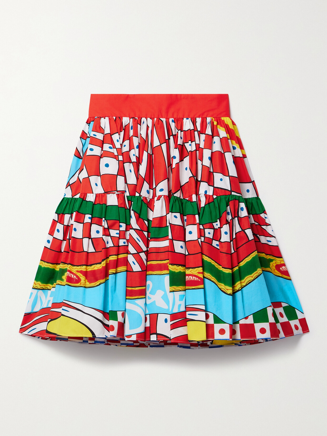 Shop Dolce & Gabbana Gathered Printed Cotton-poplin Mini Skirt In Red