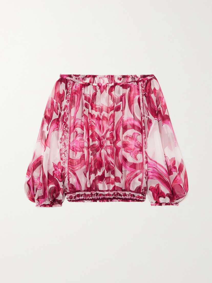 Dolce & Gabbana Maiolica Off-the-shoulder Printed Silk-georgette Top