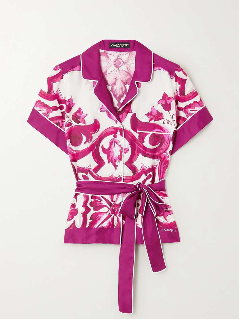 Dolce & Gabbana Maiolica Belted Piped Printed Silk-twill Shirt