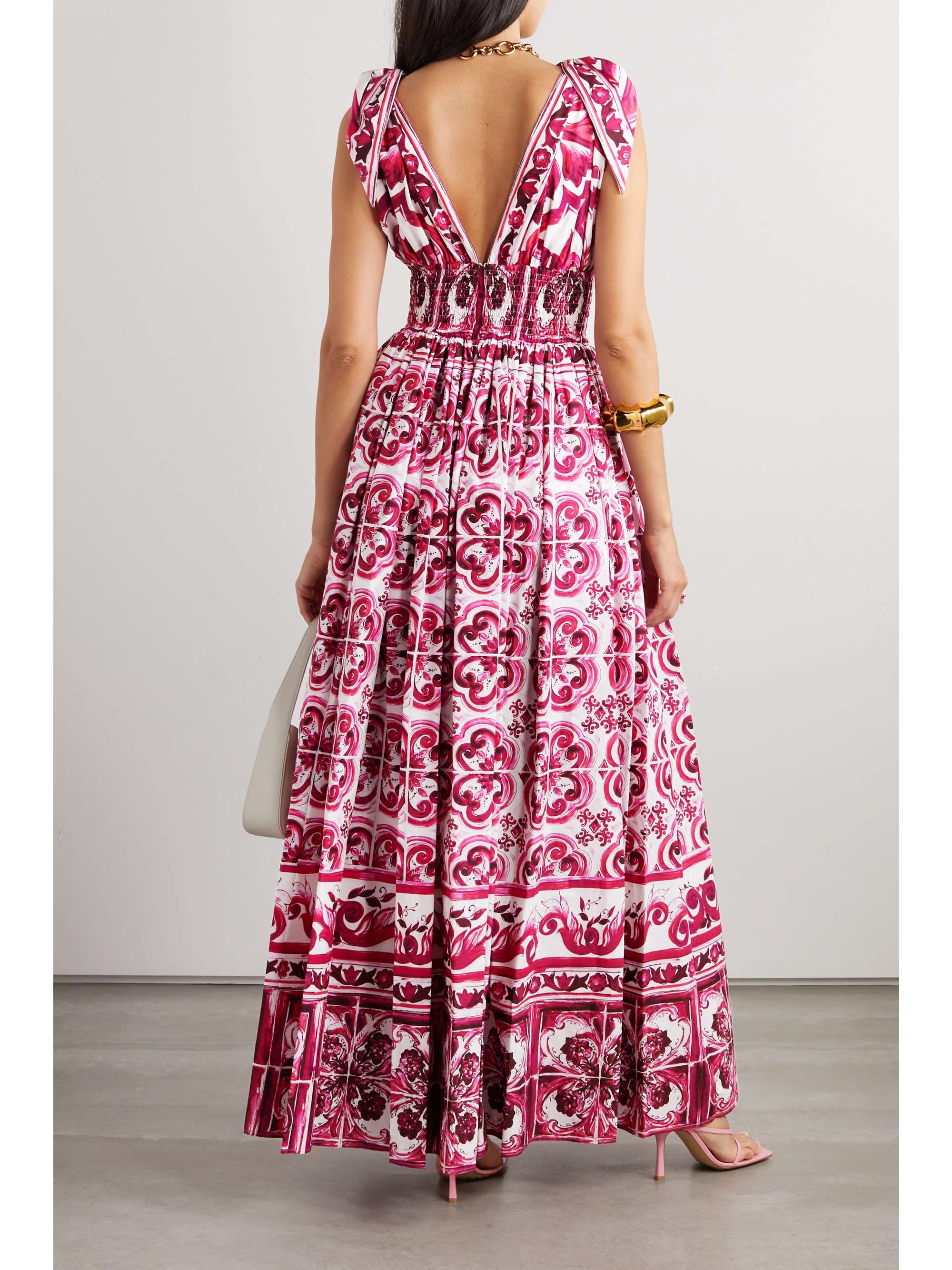 DOLCE&GABBANA Open-back shirred printed cotton-poplin maxi dress