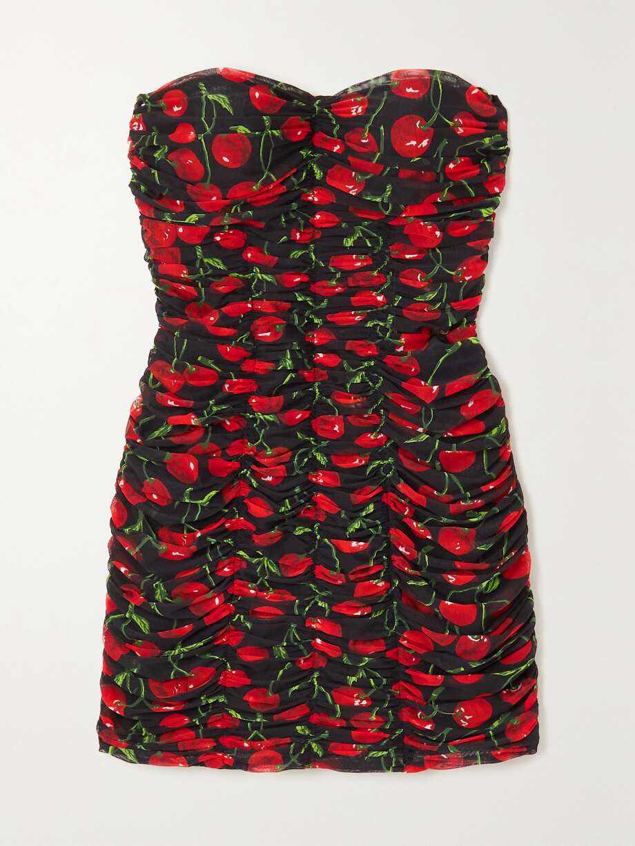 strapless ruched printed stretch-tulle mini dress