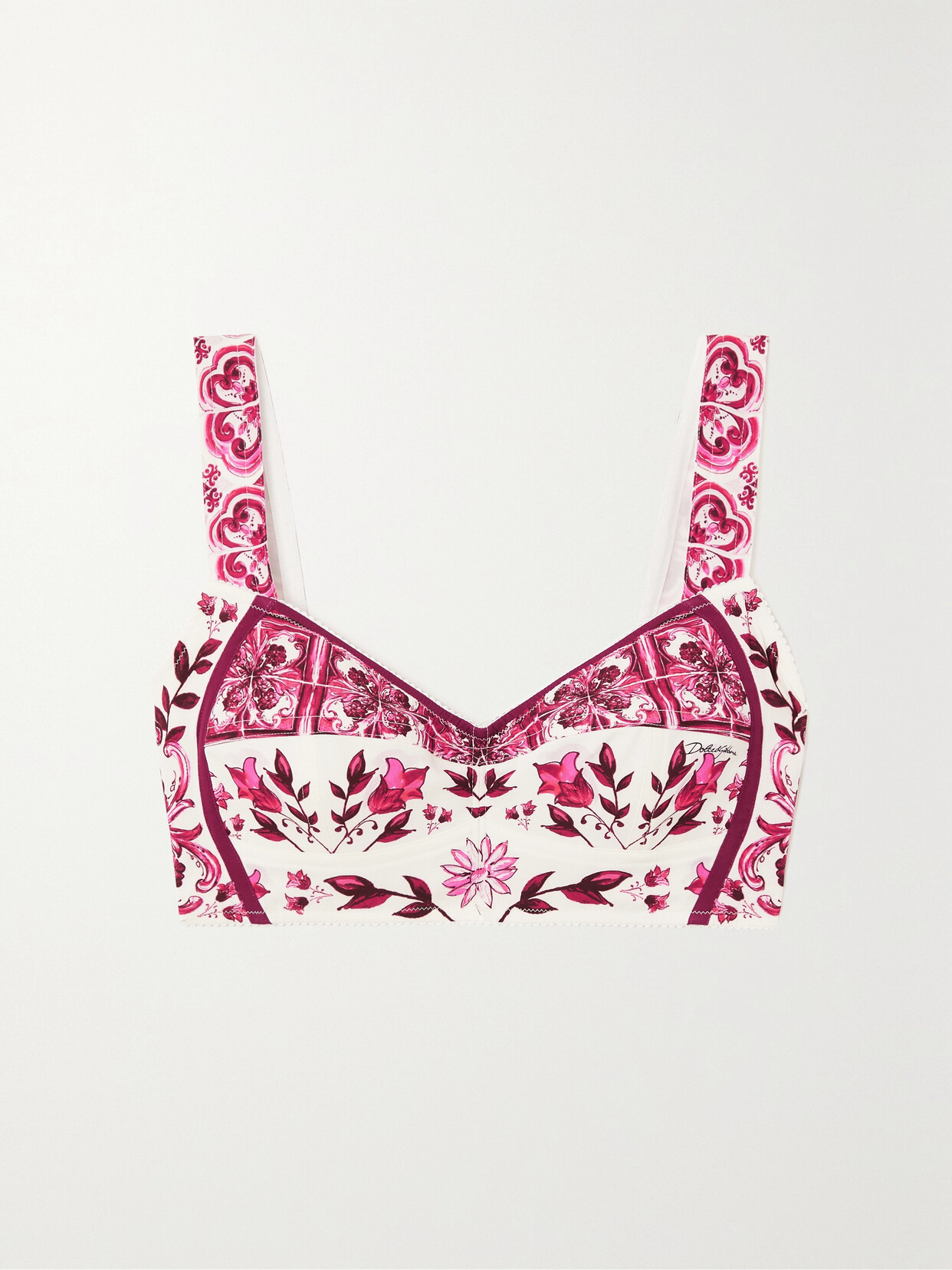 Dolce & Gabbana Cropped Printed Stretch Silk-blend Bustier Top In Pink