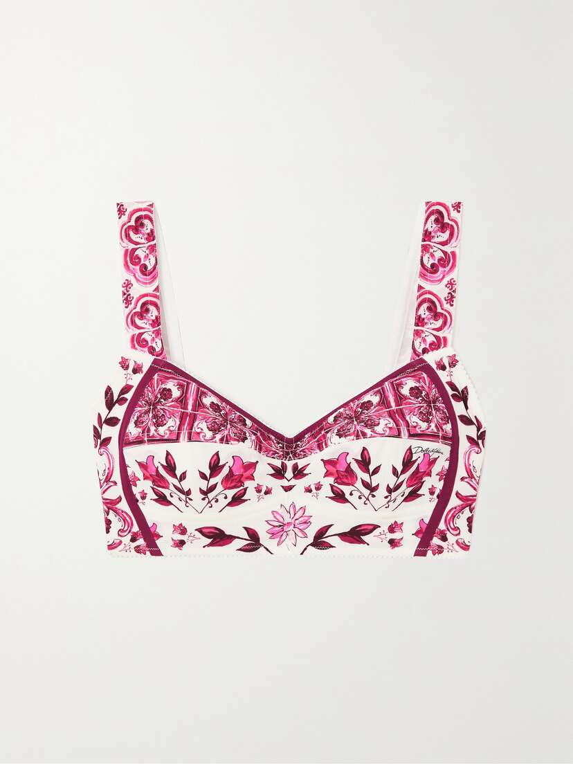 Dolce & Gabbana Maiolica Cropped Printed Stretch Silk-blend Bustier Top