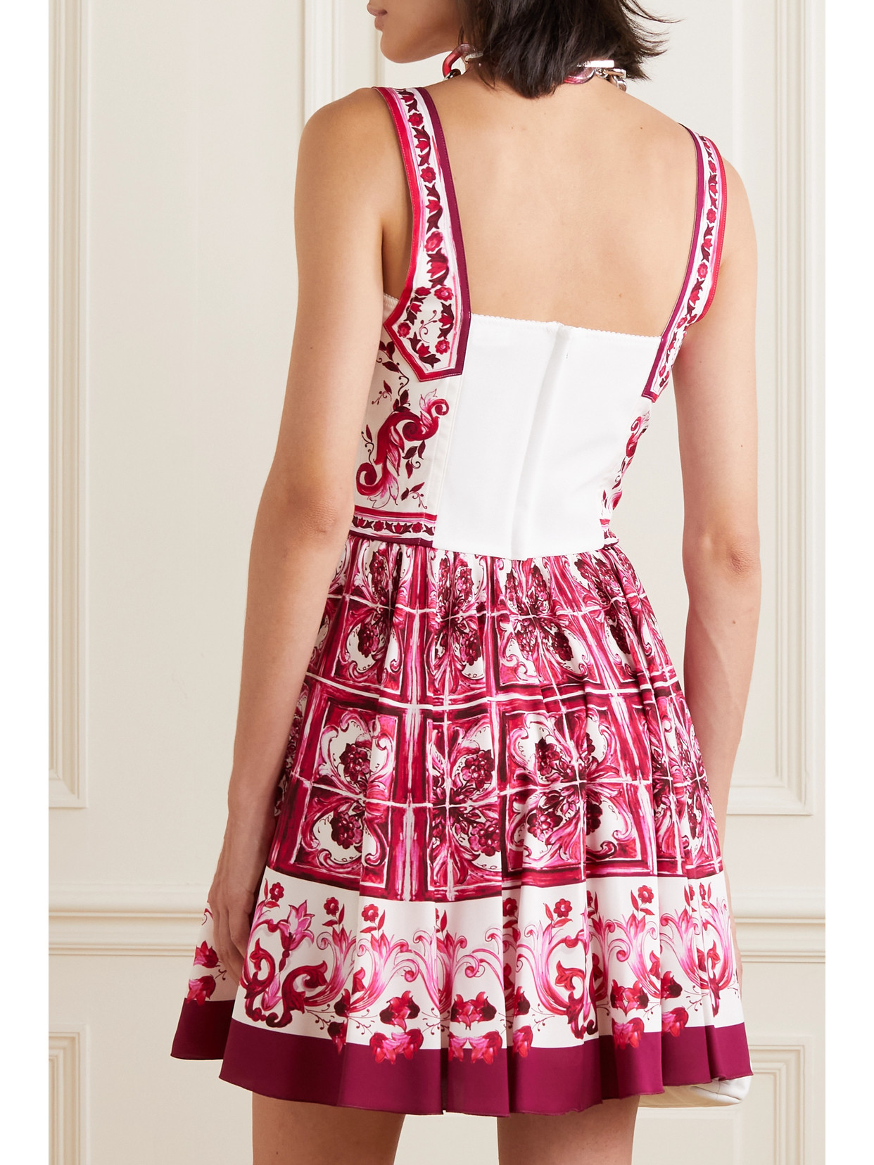 Dolce & Gabbana Pleated Printed Stretch Silk-blend Mini Dress In Pink