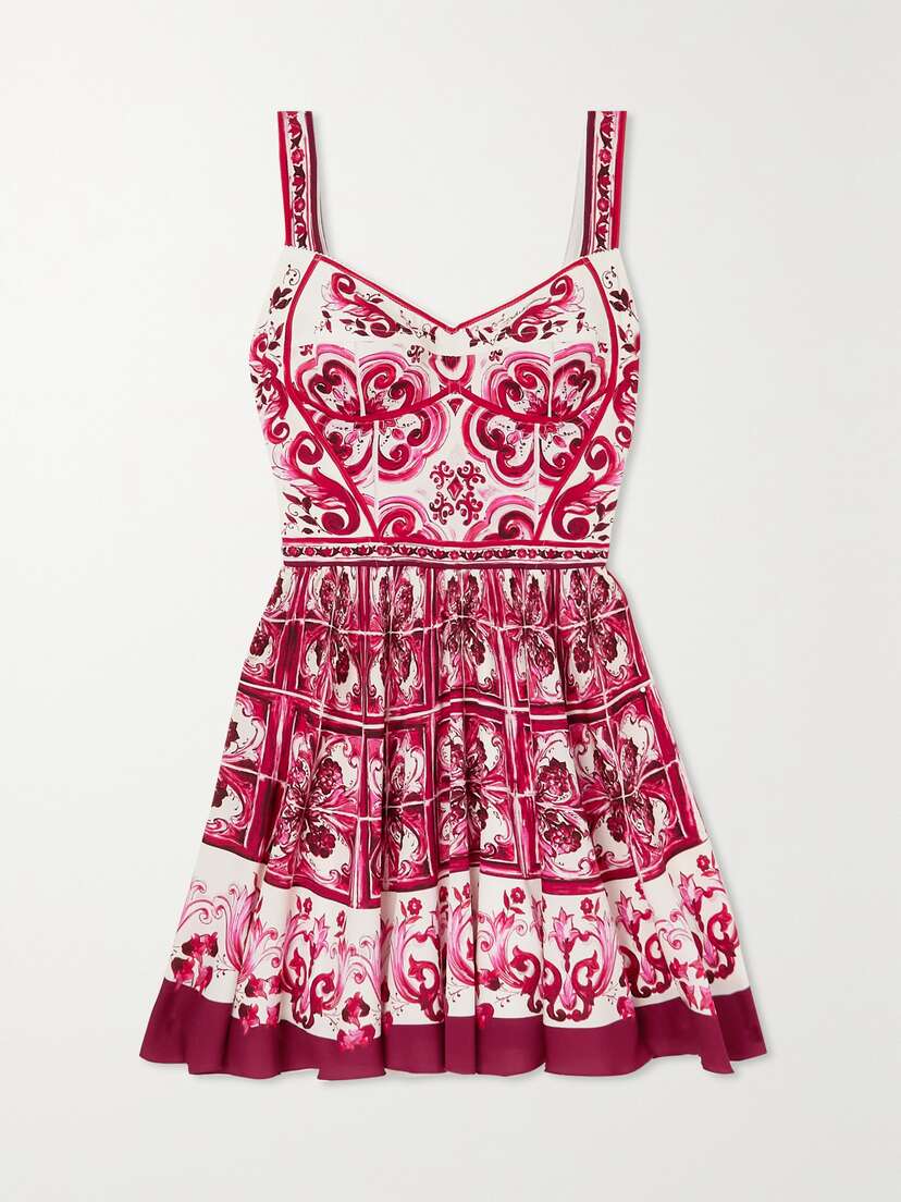 Dolce & Gabbana Maiolica Pleated Printed Stretch Silk-blend Mini Dress