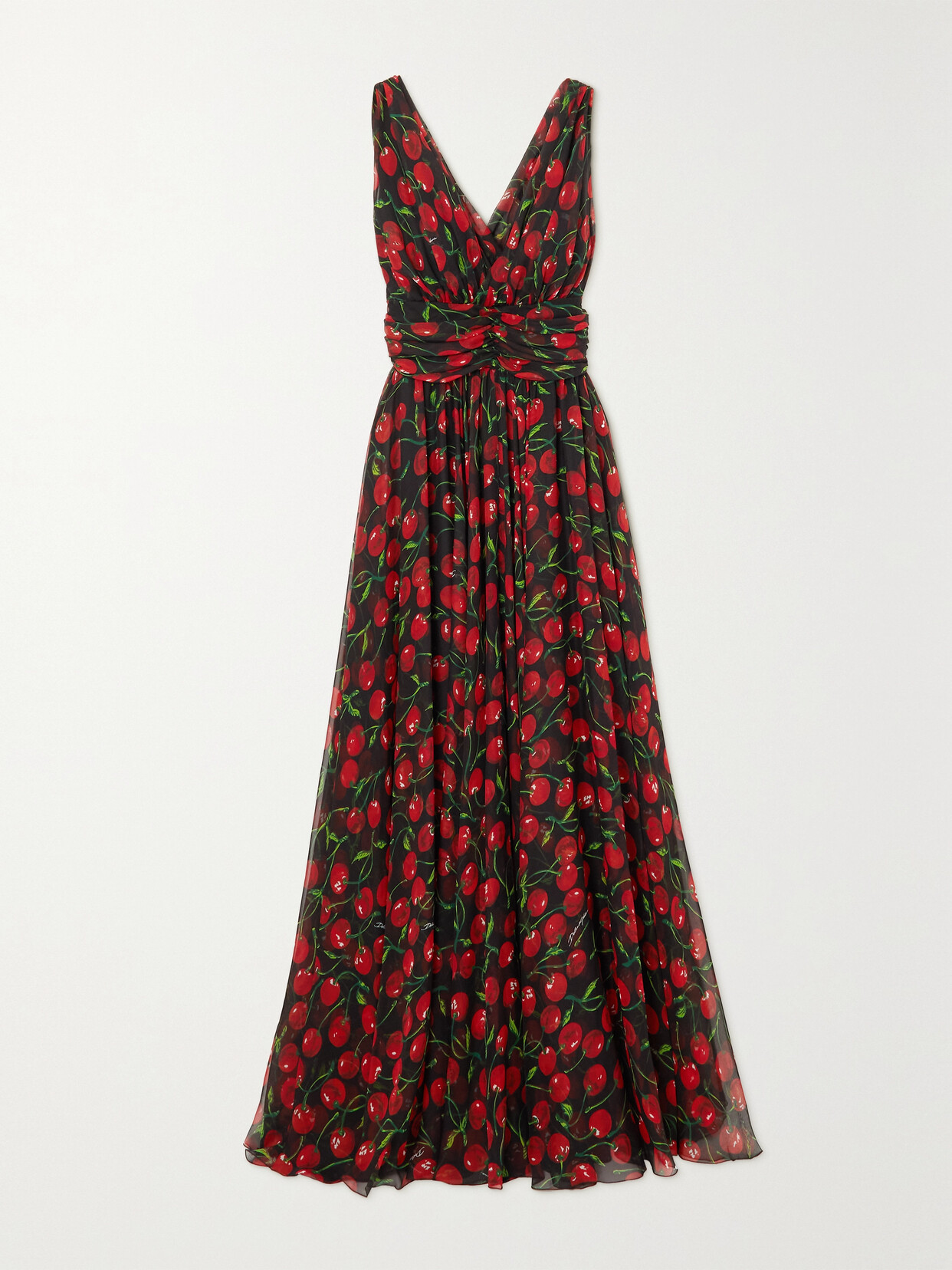 Shop Dolce & Gabbana Gathered Printed Silk-blend Chiffon Maxi Dress In Red