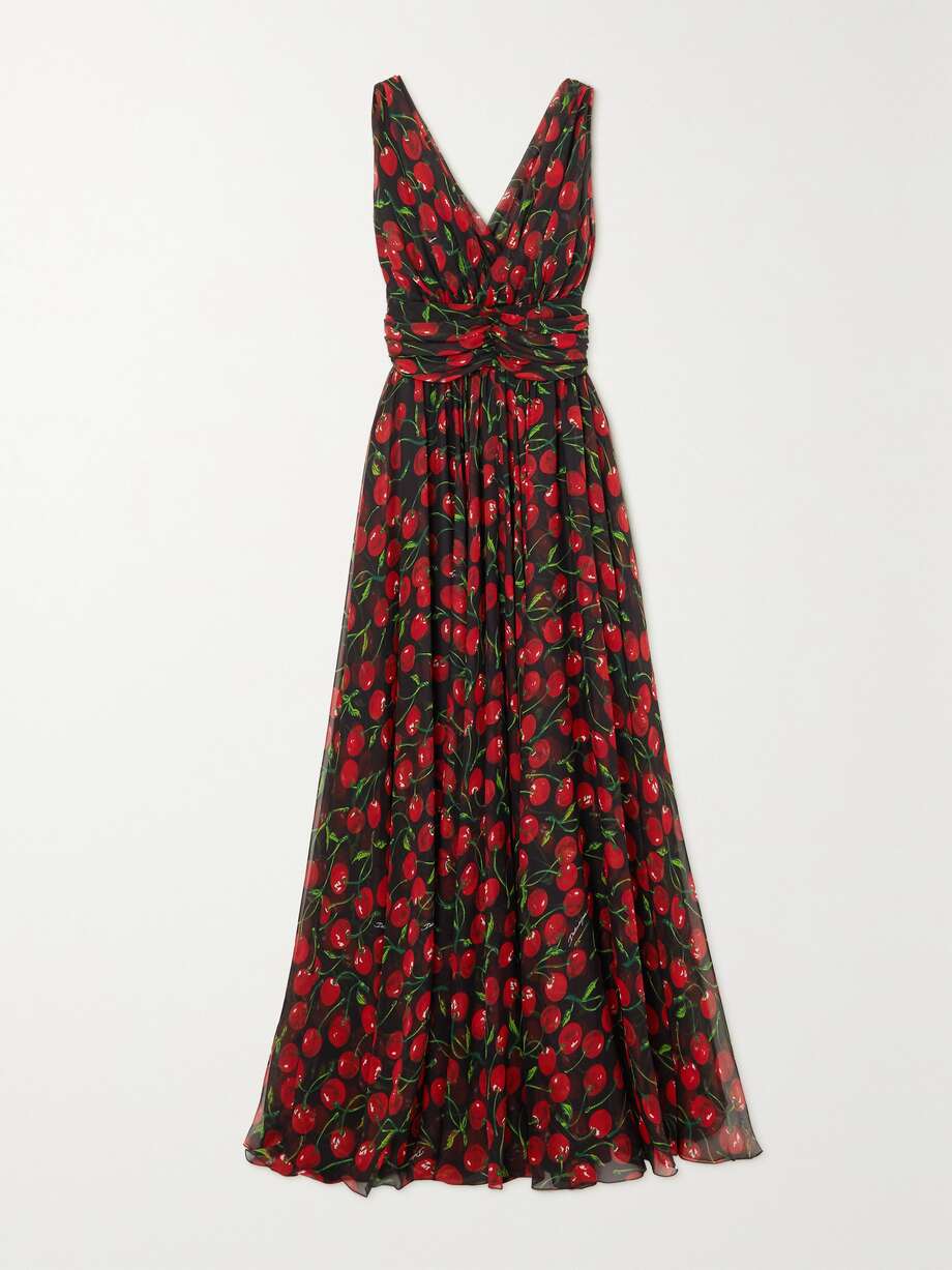 gathered printed silk-blend chiffon maxi dress