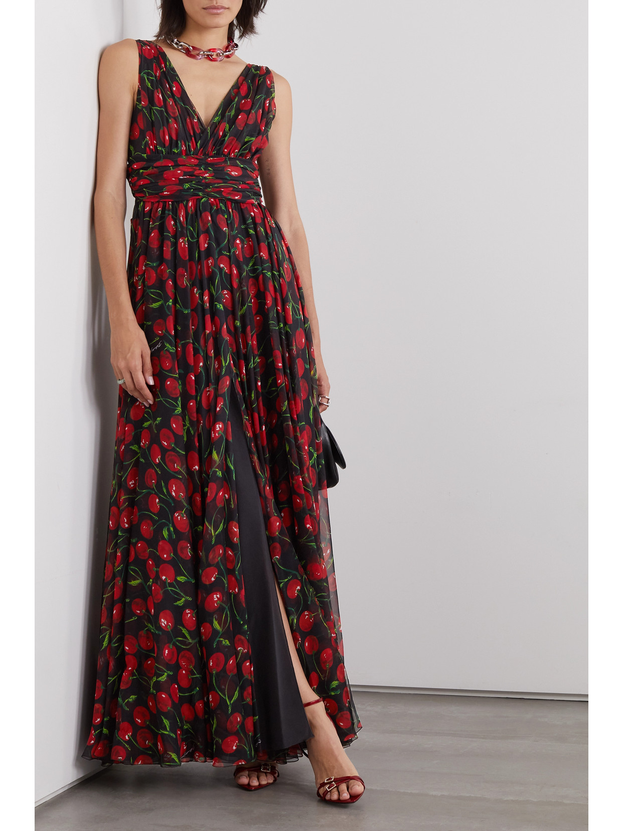 Dolce & Gabbana Long Cherry-print Chiffon Dress In Red