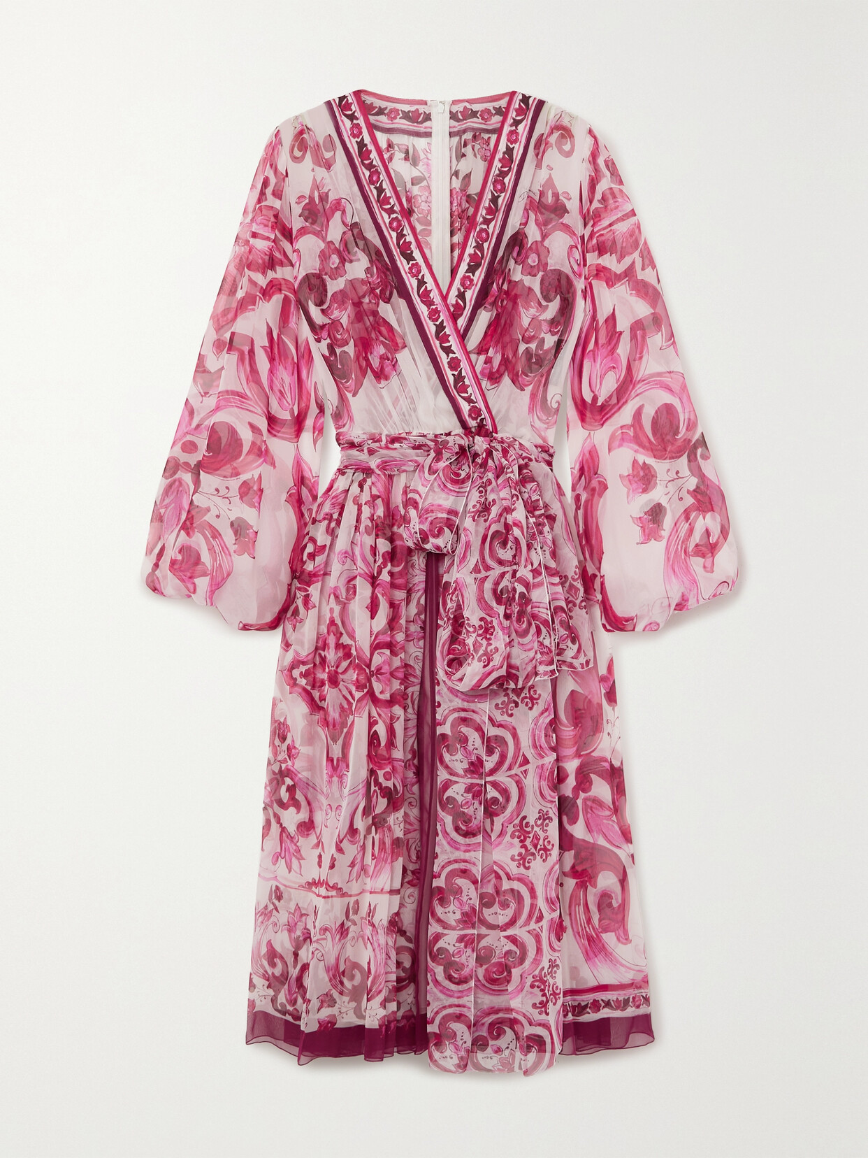 Dolce & Gabbana Belted Wrap-effect Printed Silk-georgette Midi Dress In Pink