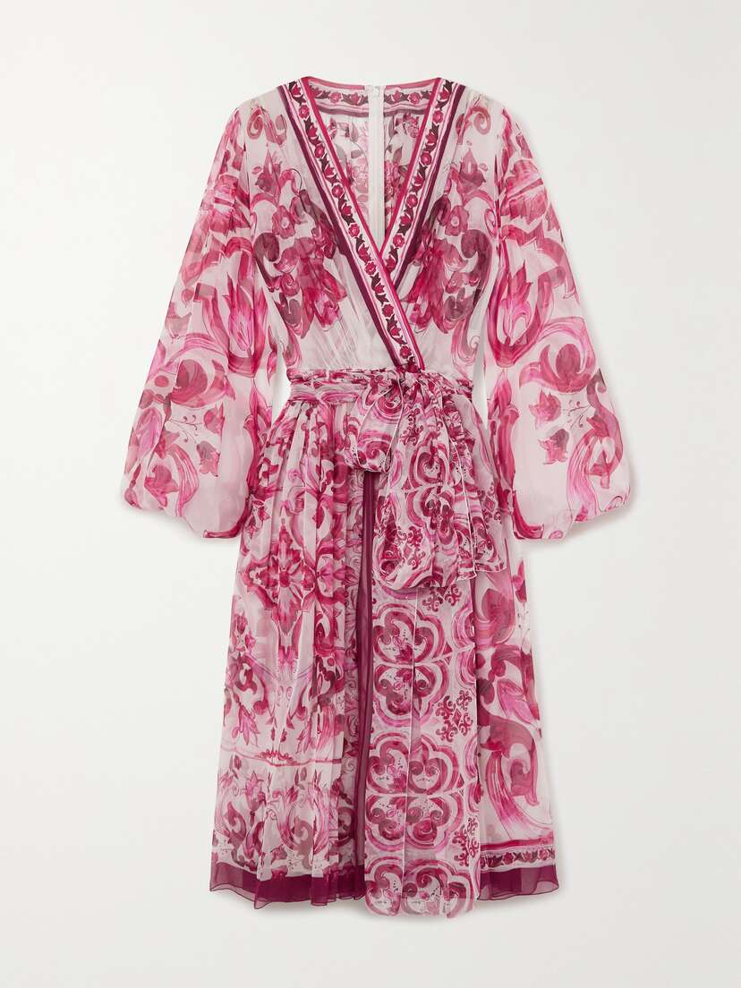 Dolce & Gabbana Maiolica Belted Wrap-effect Printed Silk-georgette Midi Dress