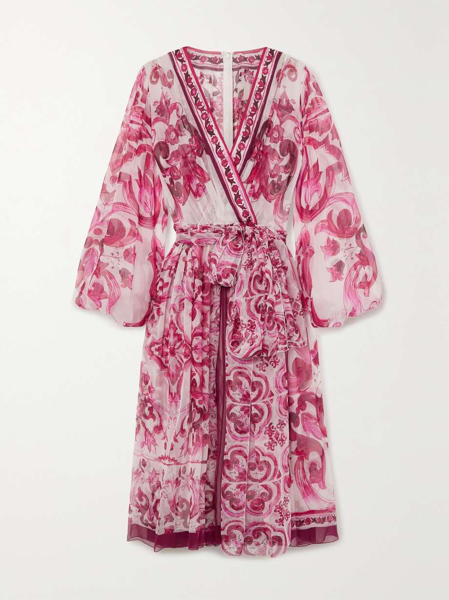 maiolica belted wrap-effect printed silk-georgette midi dress