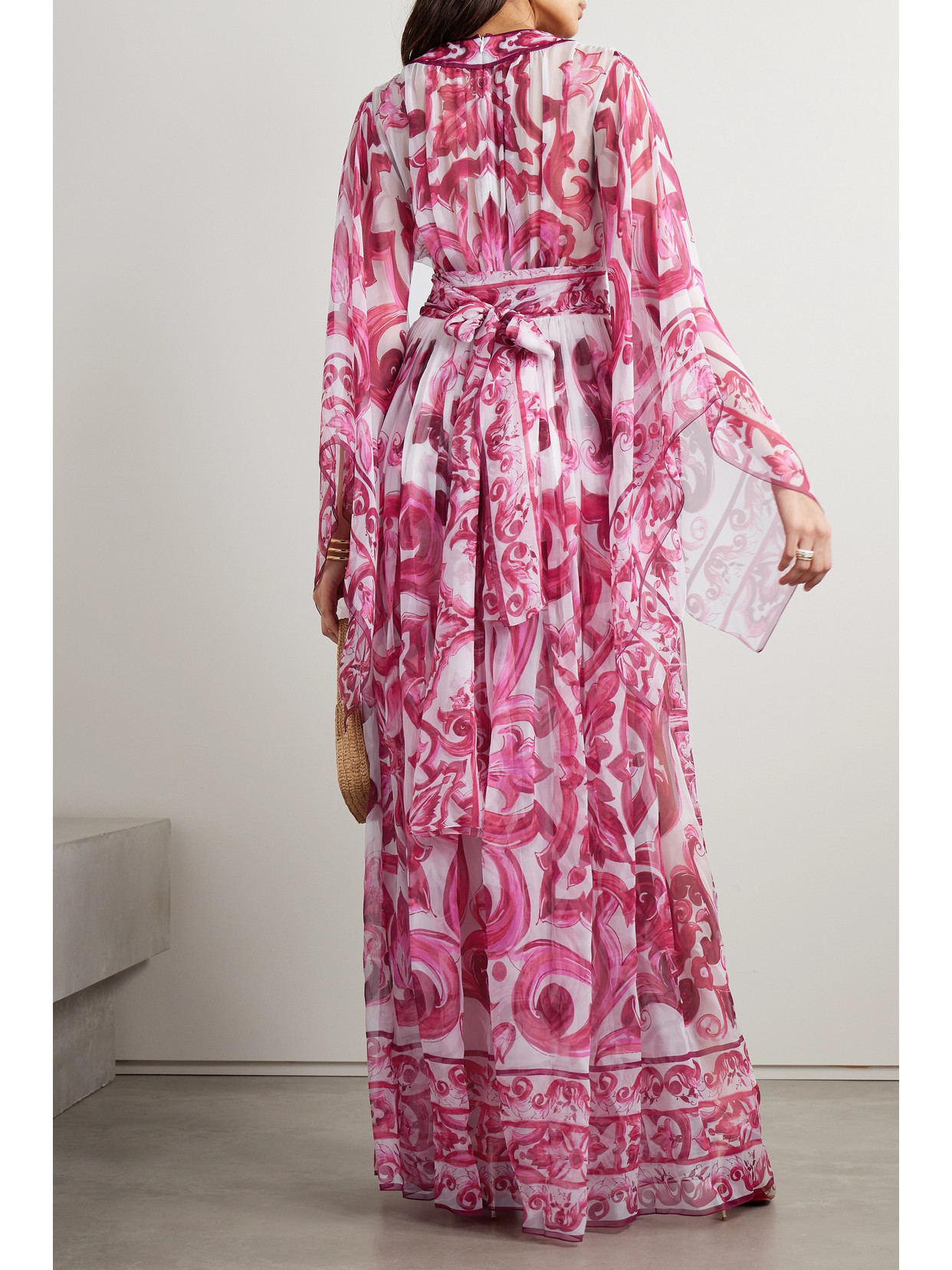 Dolce & Gabbana Majolica-print Chiffon Maxi Wrap Dress In Pink