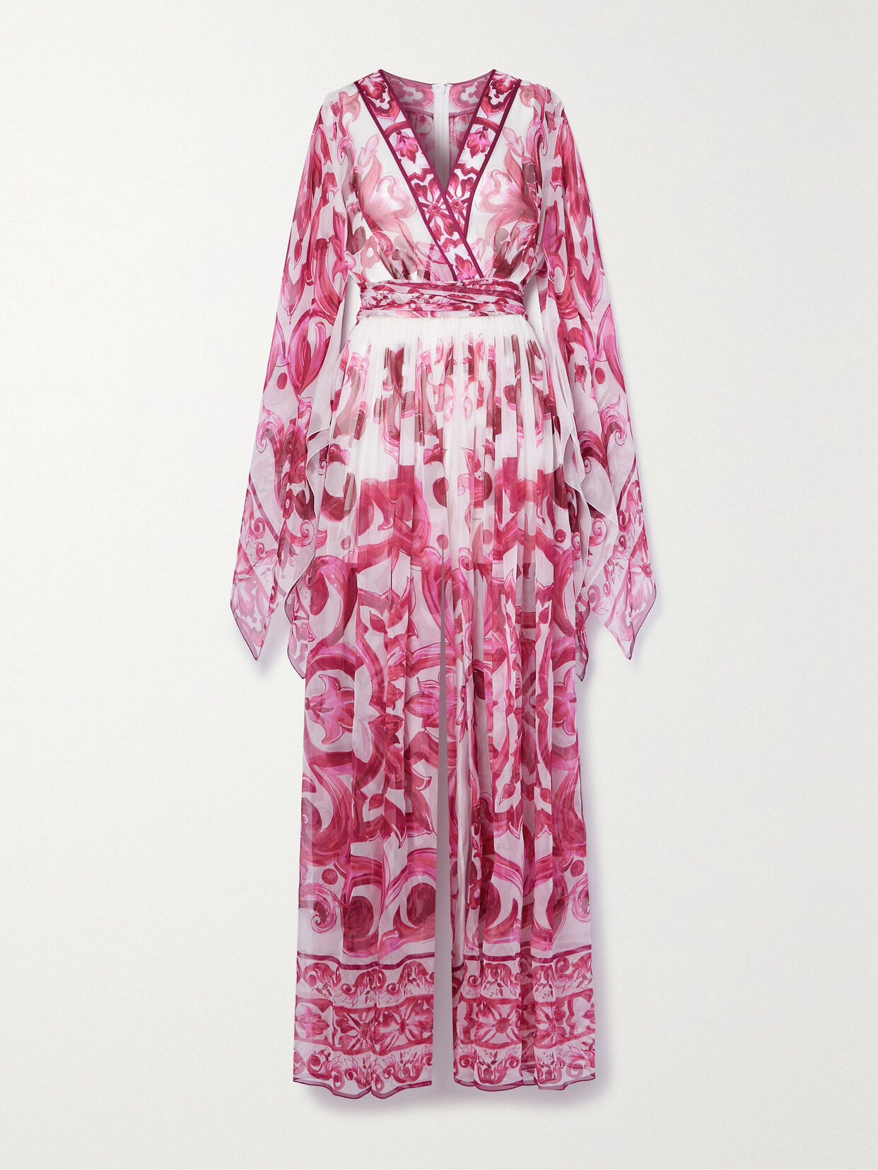 Shop Dolce & Gabbana Majolica Belted Printed Silk-chiffon Jumpsuit In Pink