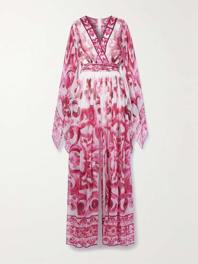 Dolce & Gabbana Majolica Belted Printed Silk-chiffon Jumpsuit