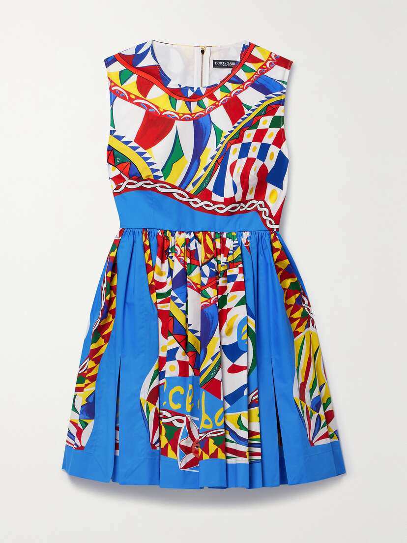 Dolce & Gabbana Pleated Printed Cotton-poplin Mini Dress