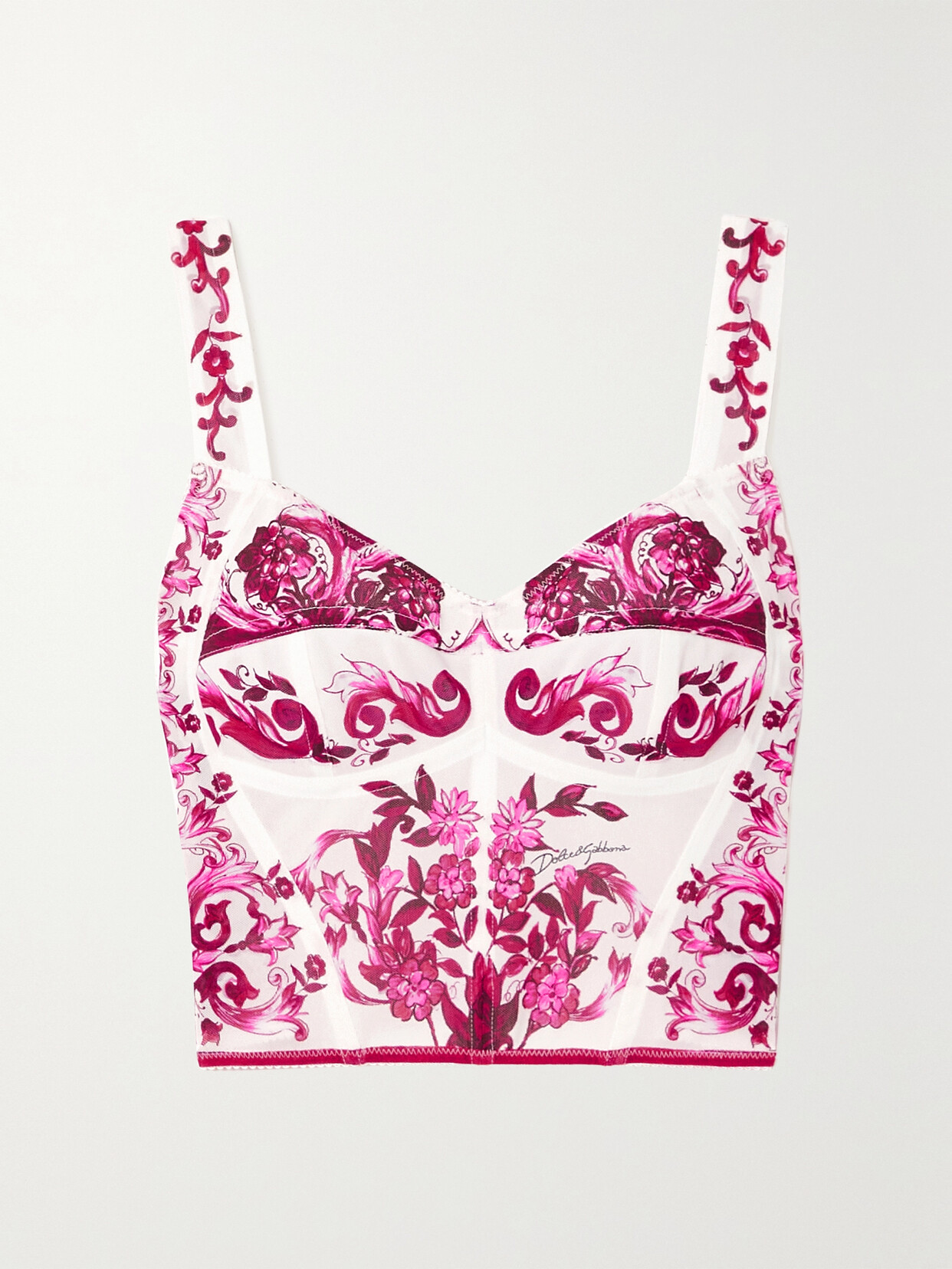 Dolce & Gabbana Majolica-print Crop Marquisette Bustier Top In Pink