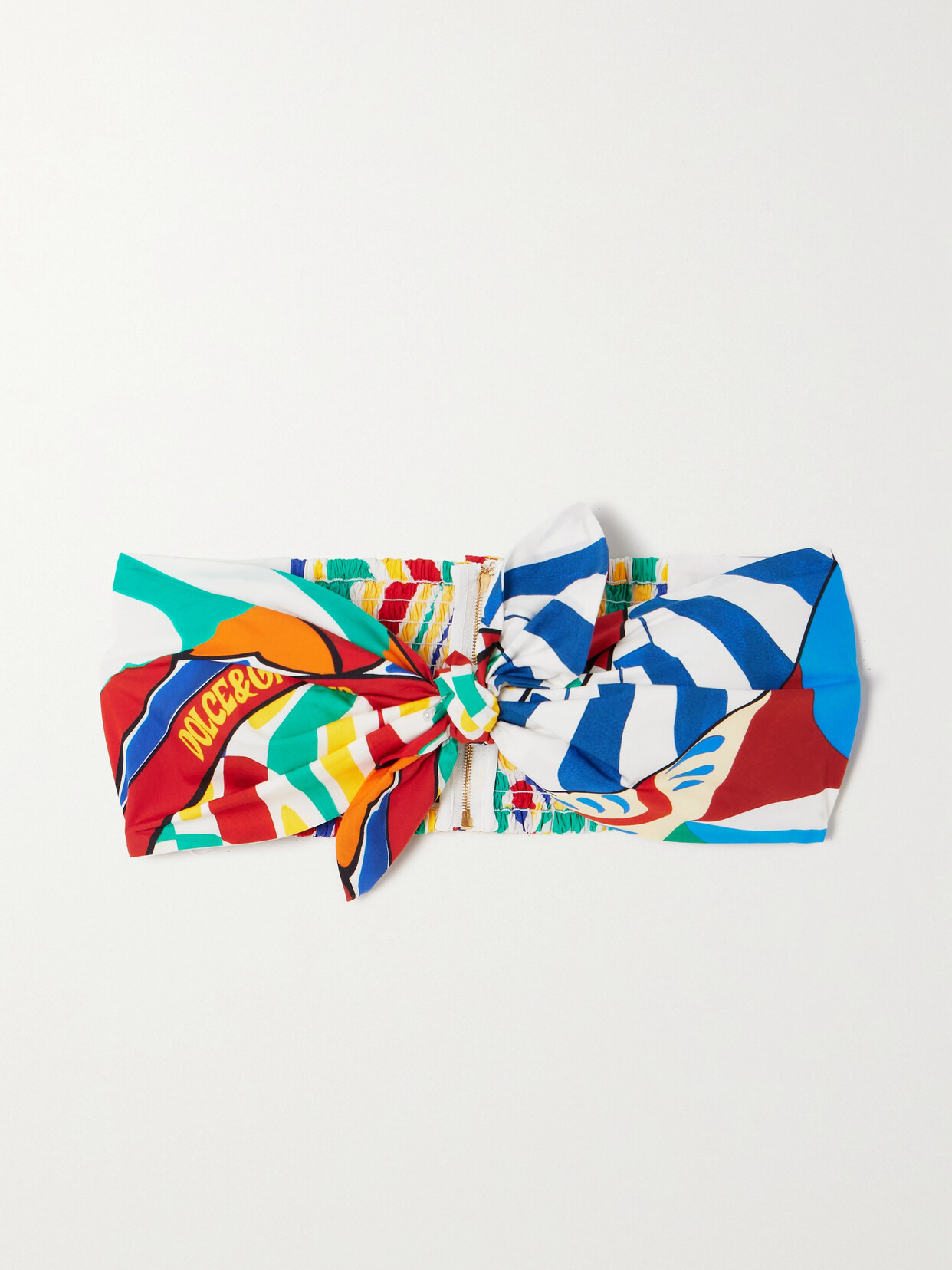 Dolce & Gabbana Twist-front Smocked Printed Cotton-poplin Bandeau Top - Blue