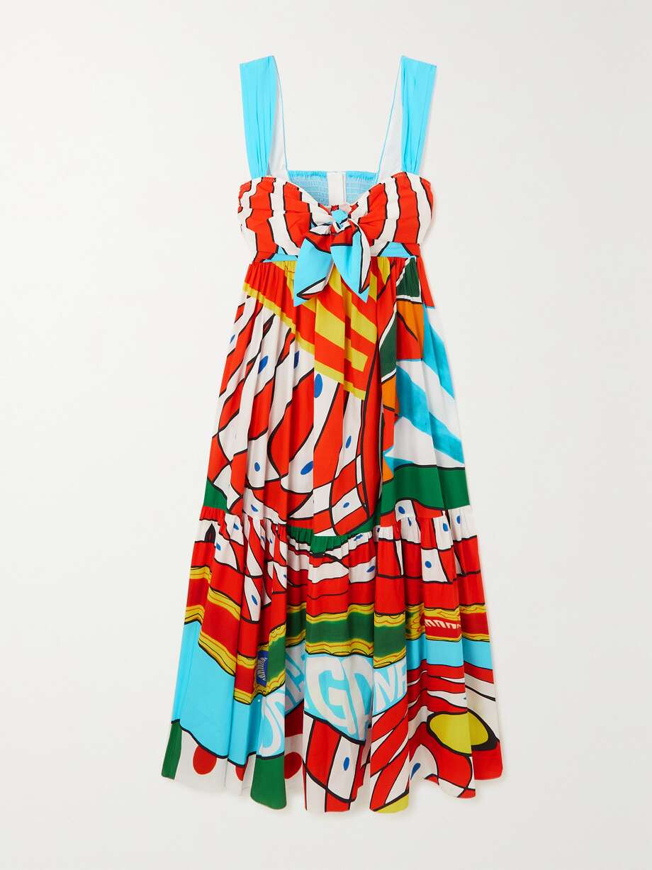 pleated printed cotton-poplin midi dress