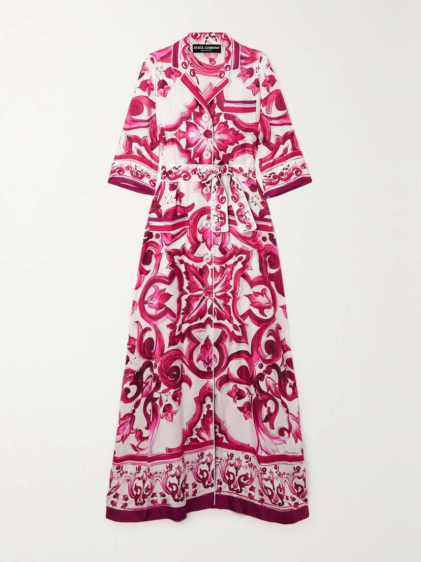 Dolce & Gabbana Maiolica Belted Printed Silk-twill Maxi Shirt Dress