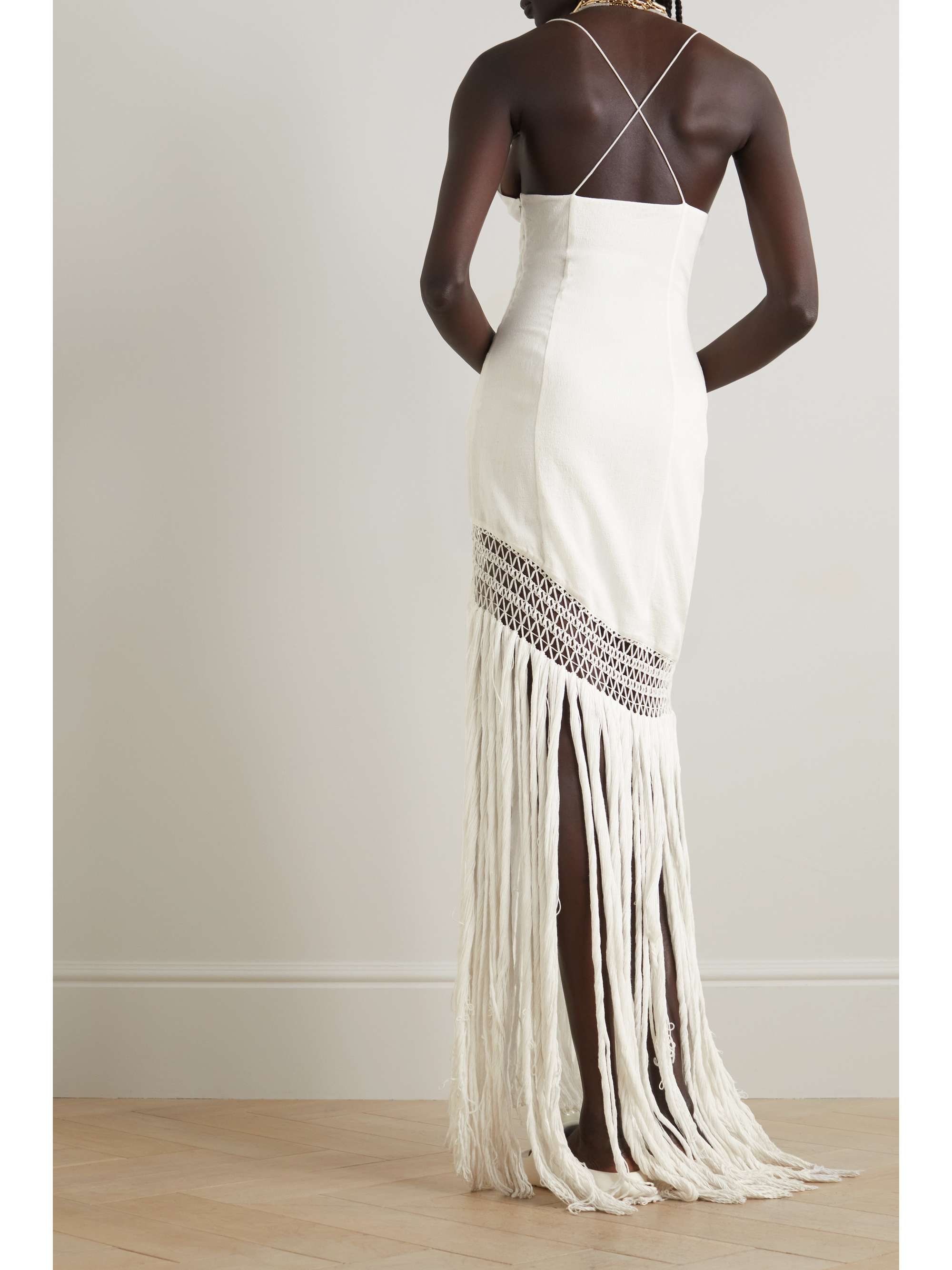 LOEWE + Paula's Ibiza asymmetric fringed woven maxi dress