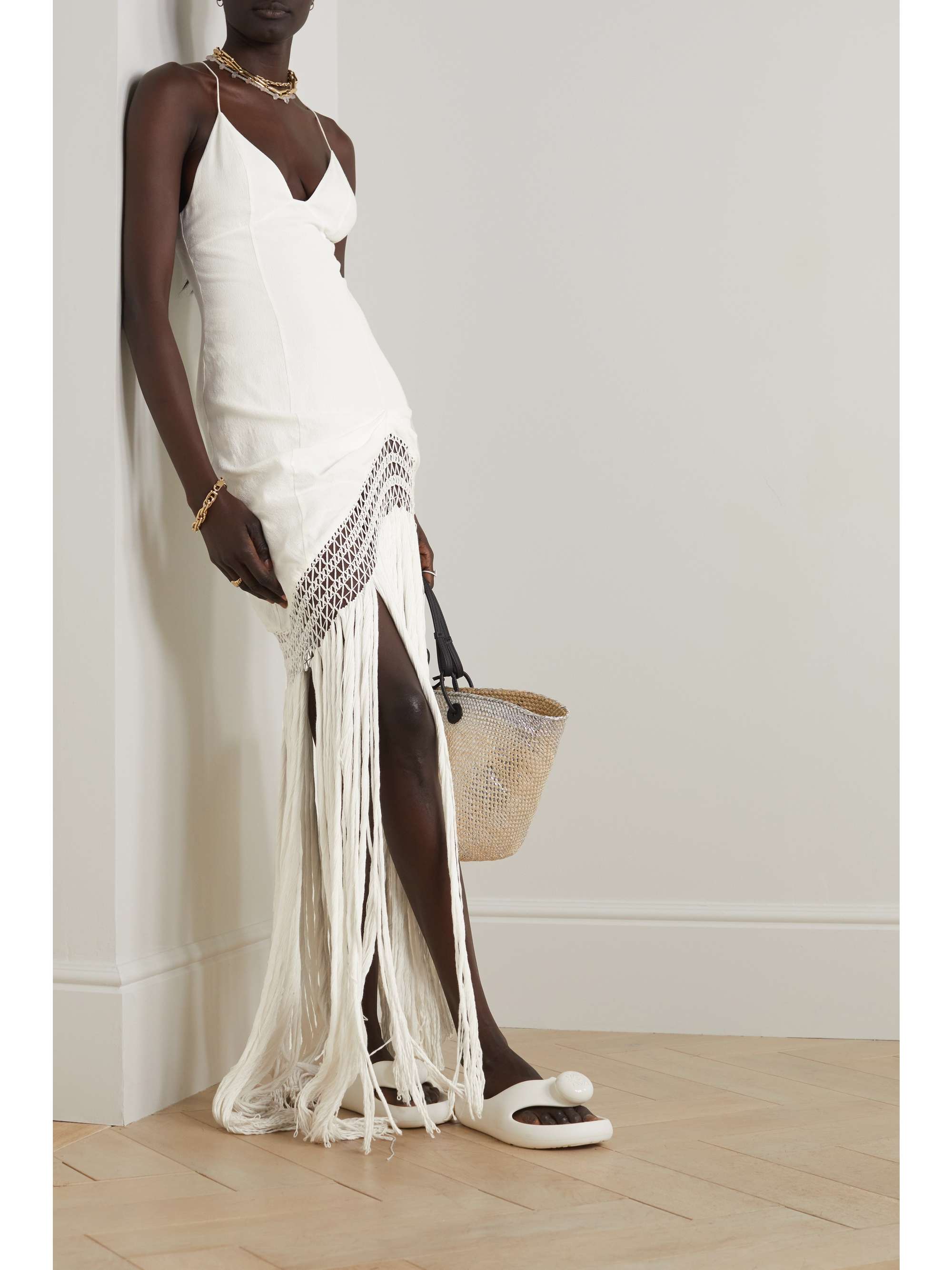 LOEWE + Paula's Ibiza asymmetric fringed woven maxi dress