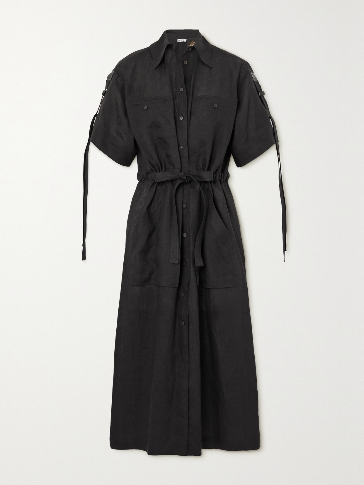 Loewe + Paula's Ibiza Belted Leather-trimmed Linen Midi Dress In Black