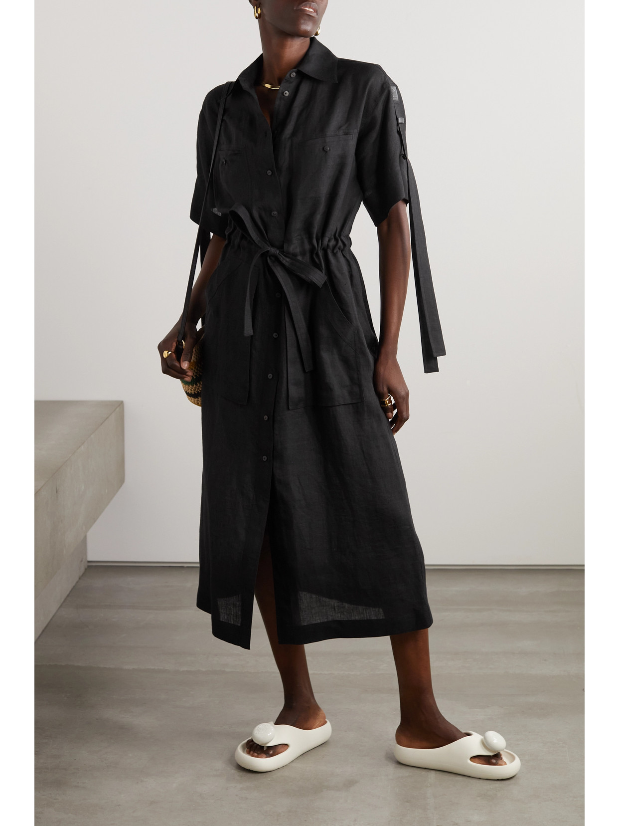 Shop Loewe + Paula's Ibiza Belted Leather-trimmed Linen Midi Dress In Black