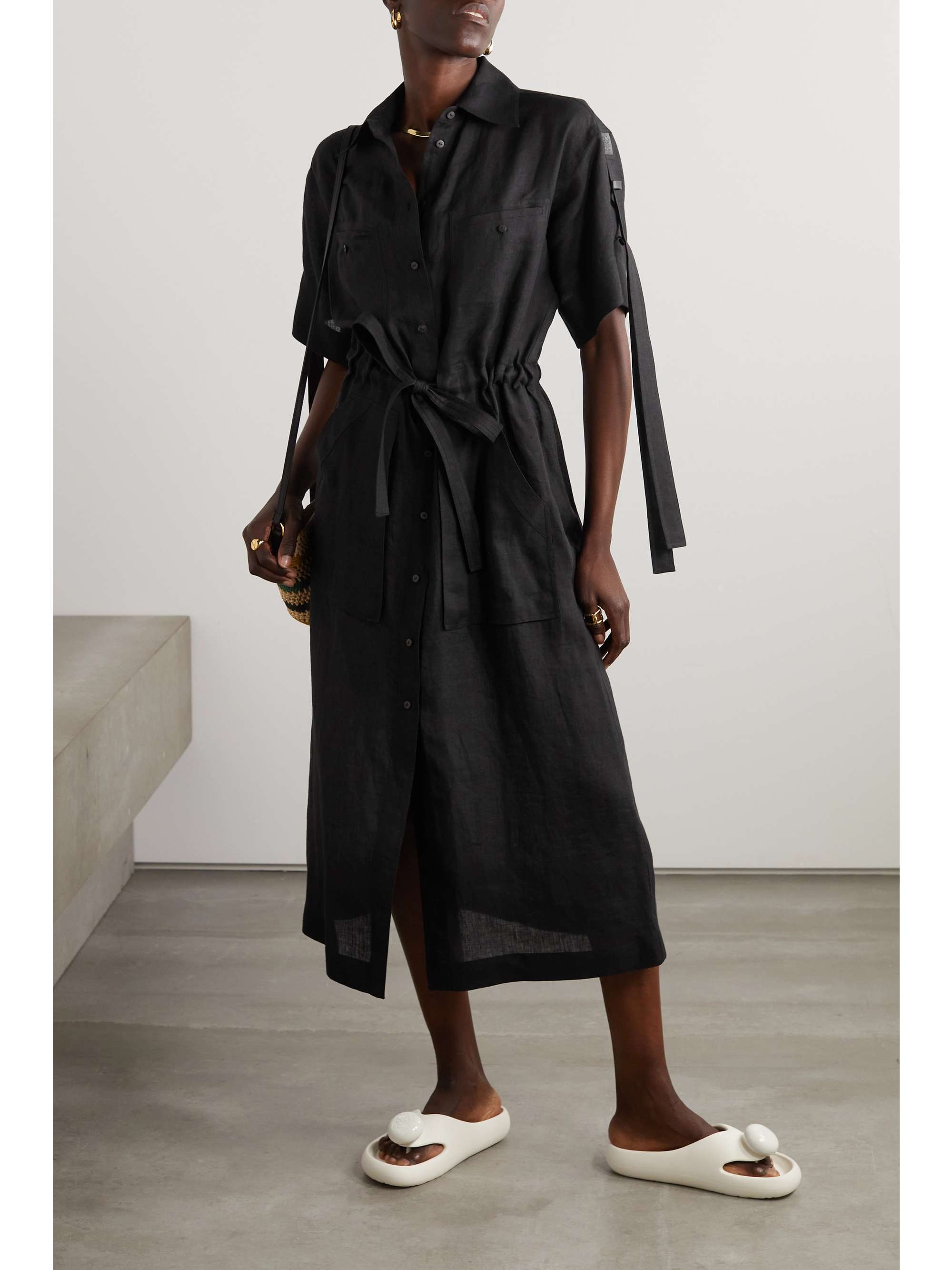 LOEWE + Paula's Ibiza belted leather-trimmed linen midi dress | NET-A ...