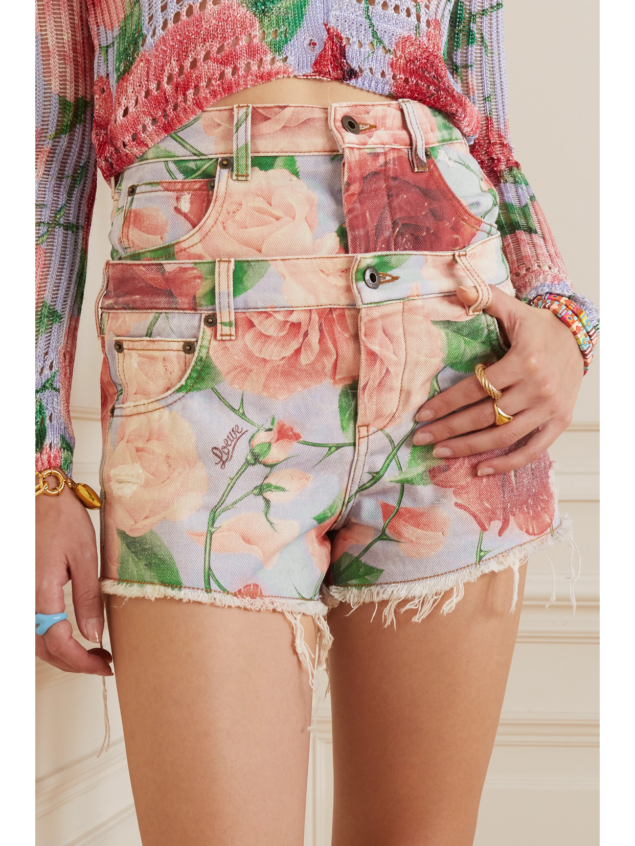 Loewe + Paula's Ibiza Roses Layered Frayed Floral-print Denim Shorts In Pink