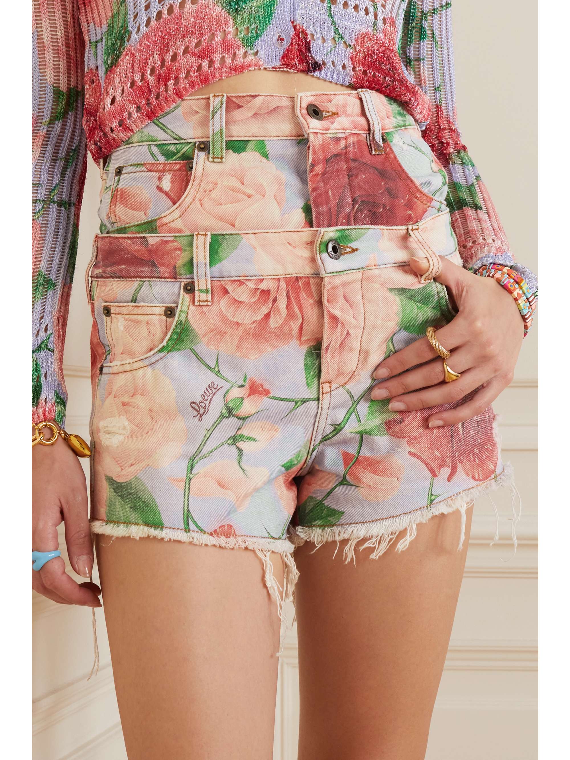LOEWE + Paula's Ibiza Roses layered frayed floral-print denim shorts