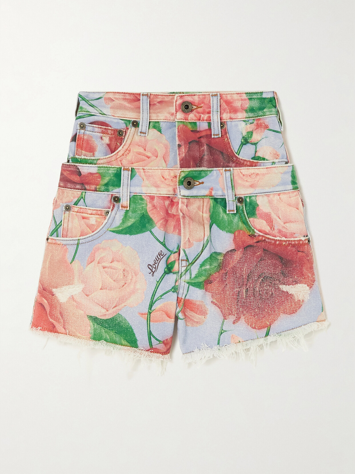 Loewe + Paula's Ibiza Roses Layered Frayed Floral-print Denim Shorts In Pink