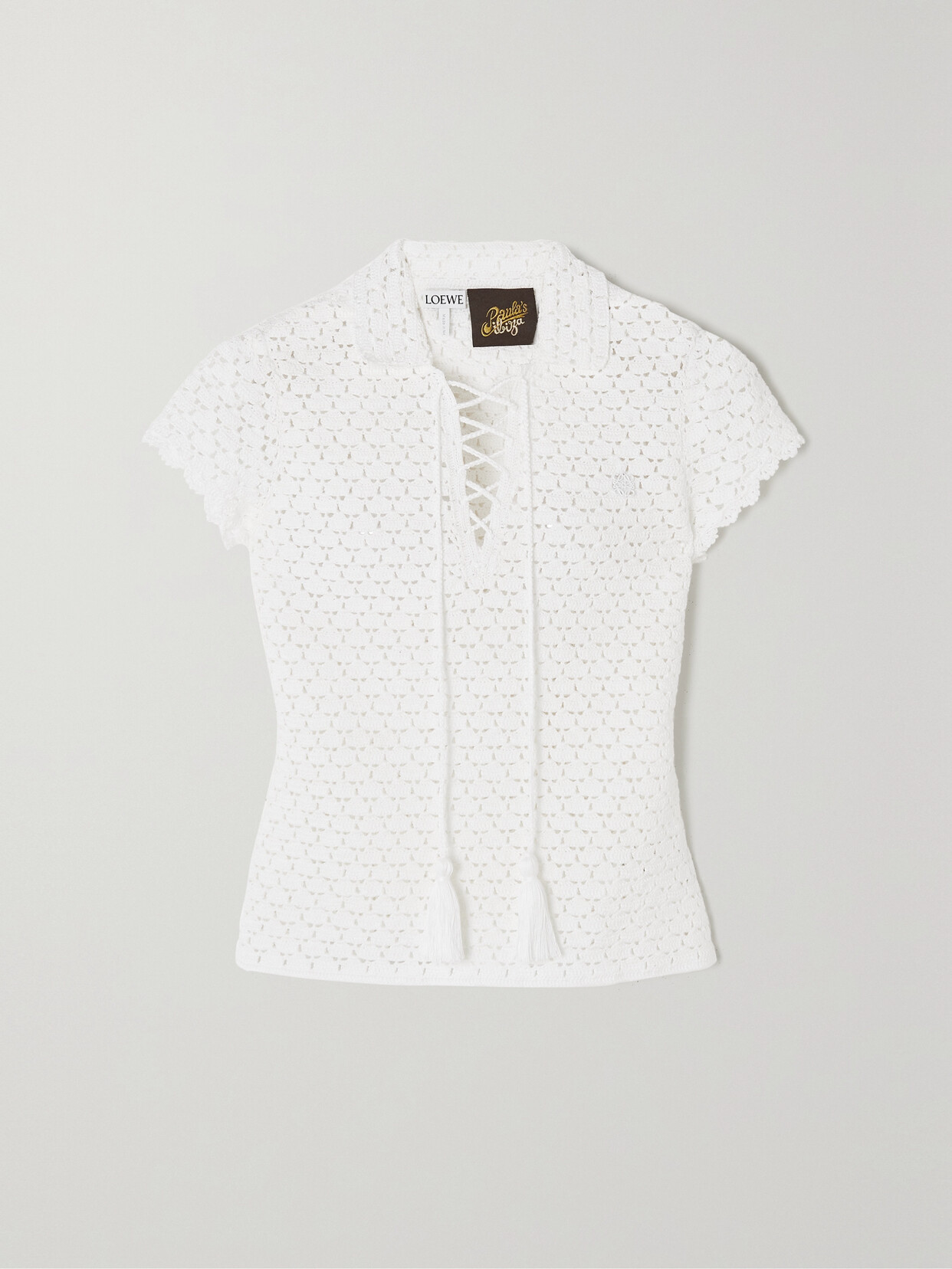 Loewe + Paula's Ibiza Tasseled Crocheted Cotton Top In White