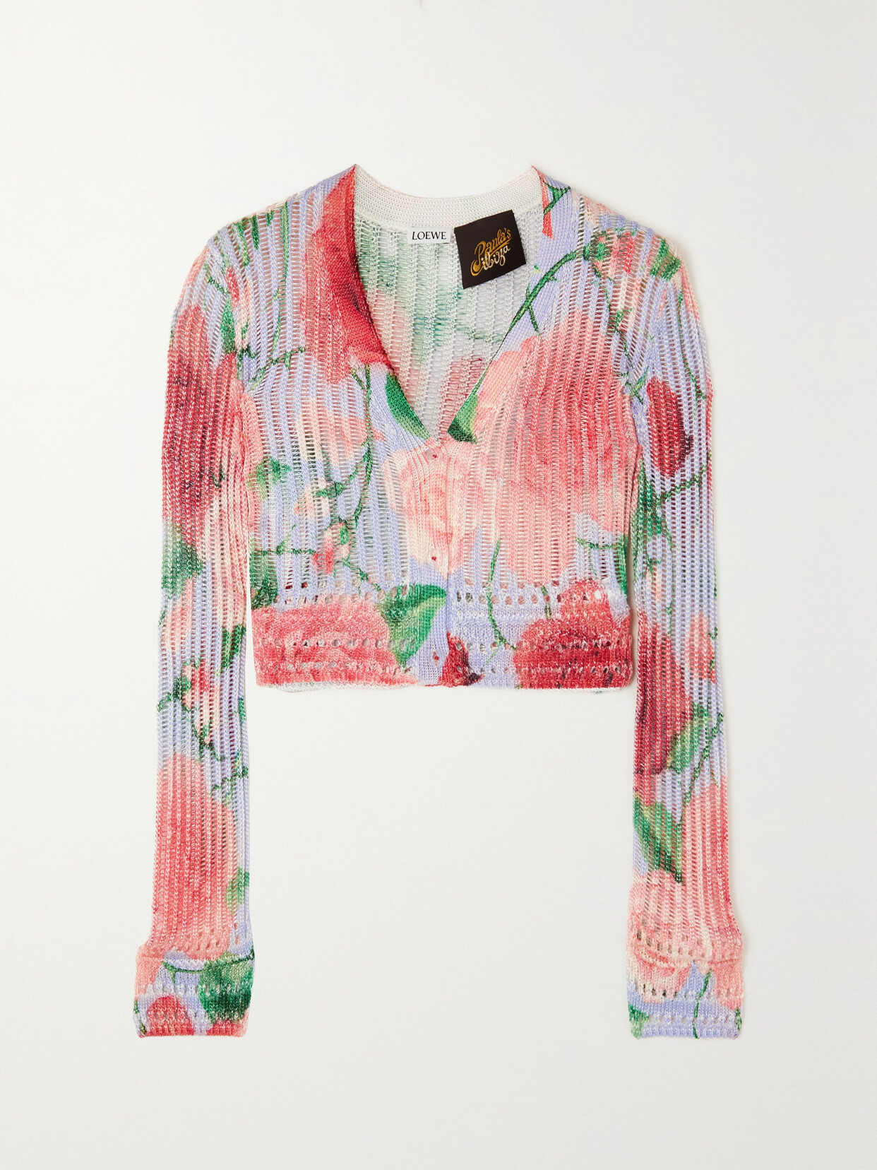 Loewe + Paula's Ibiza Roses Cropped Floral-print Crochet-knit Cardigan In Pink_multitone