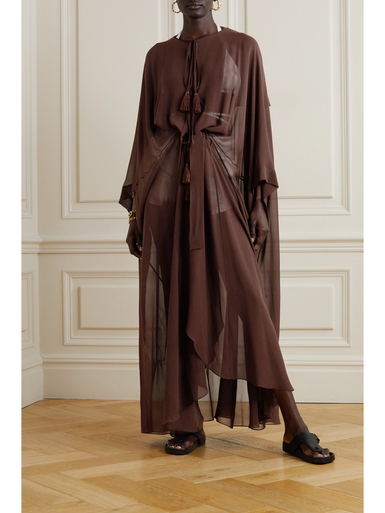 Shop Loewe + Paula's Ibiza Belted Tasseled Silk-georgette Maxi Dress In Brown