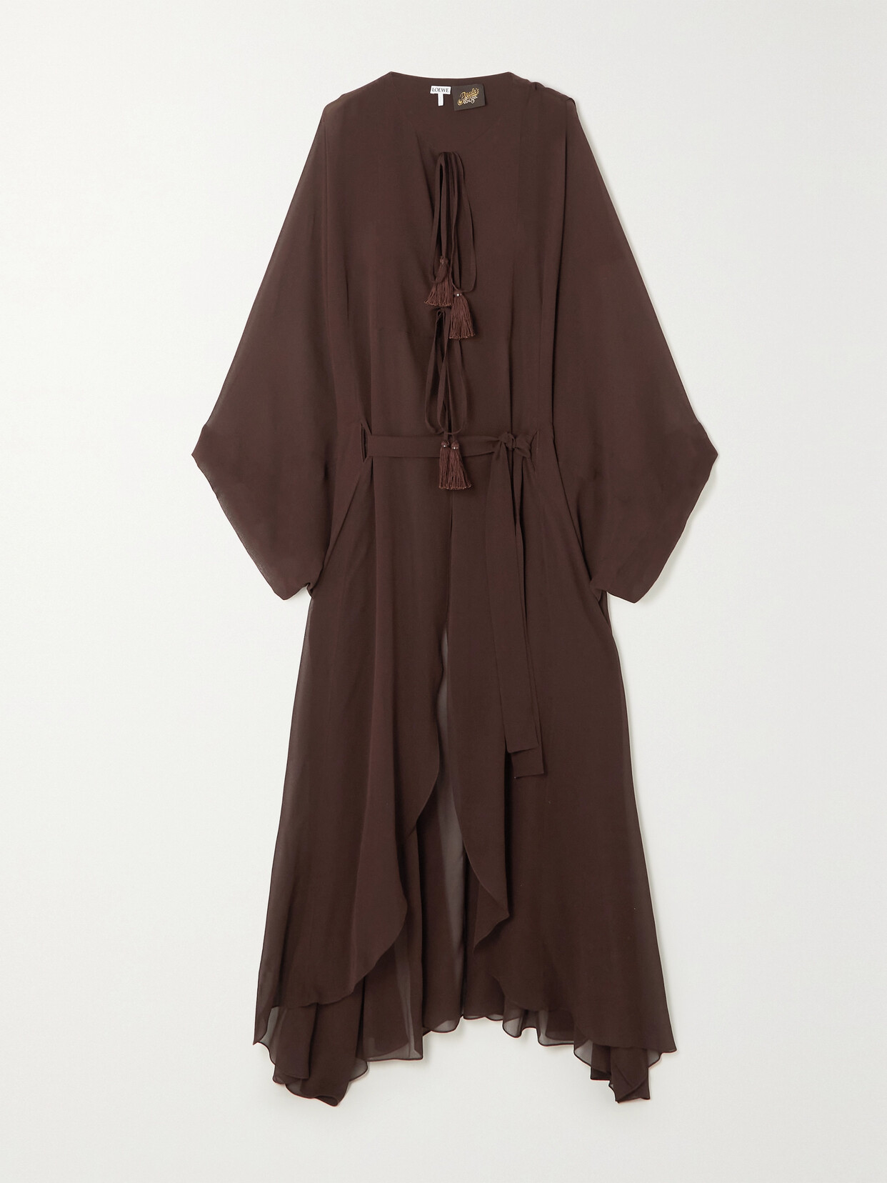 Loewe + Paula's Ibiza Belted Tasseled Silk-georgette Maxi Dress In Brown