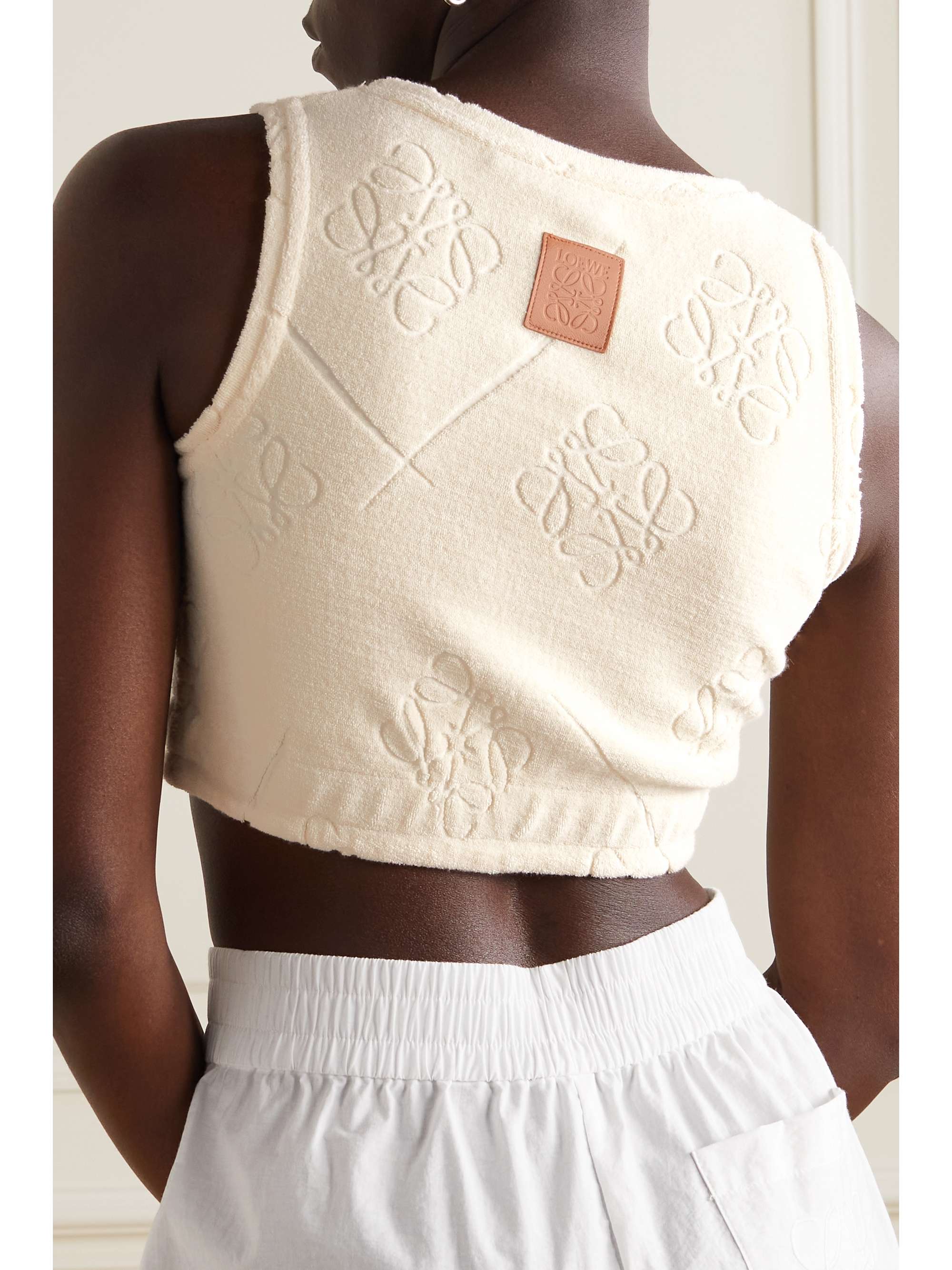LOEWE + Paula's Ibiza cropped leather-trimmed cotton-blend devoré-terry top