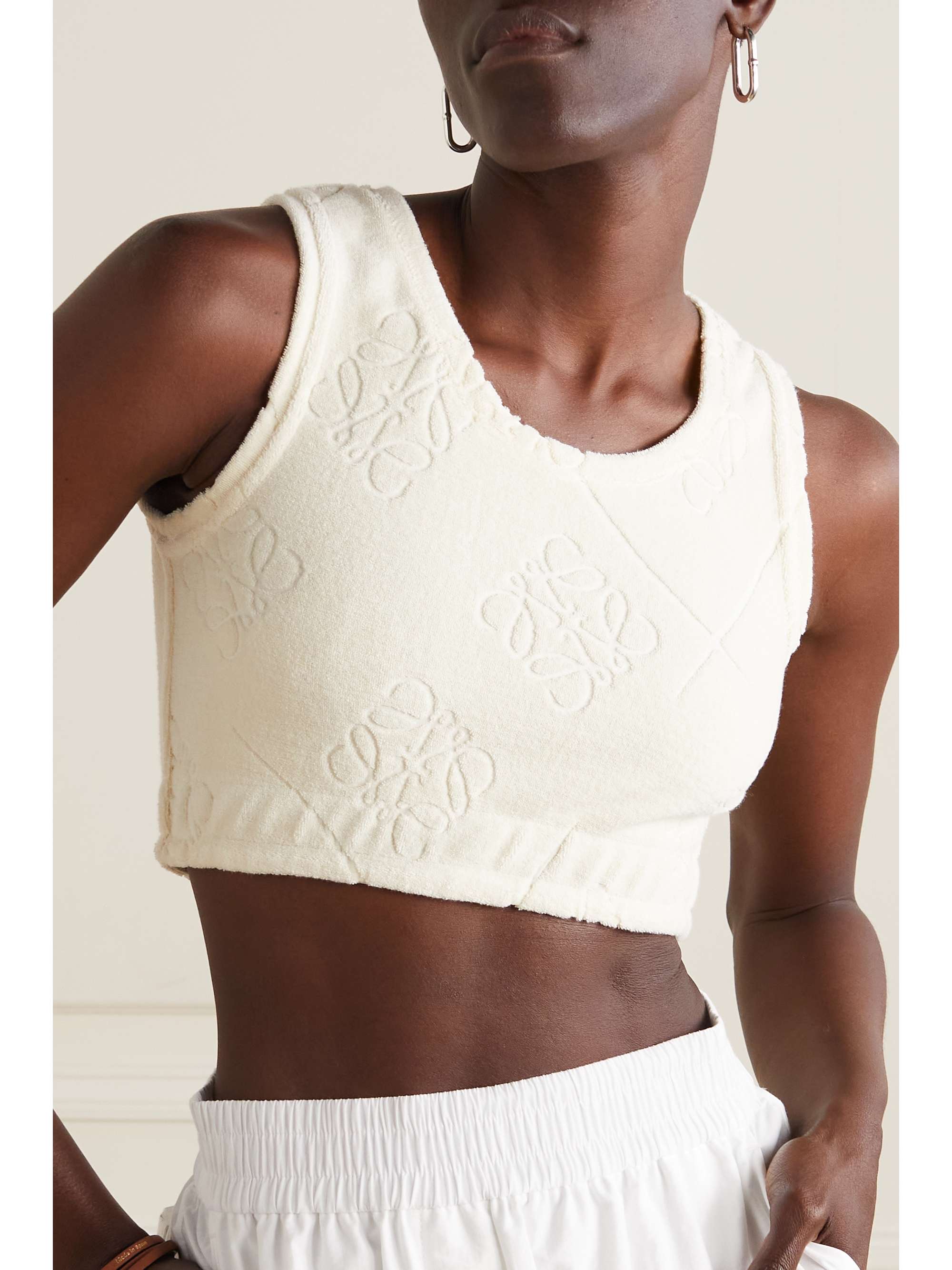 LOEWE + Paula's Ibiza cropped leather-trimmed cotton-blend devoré-terry top