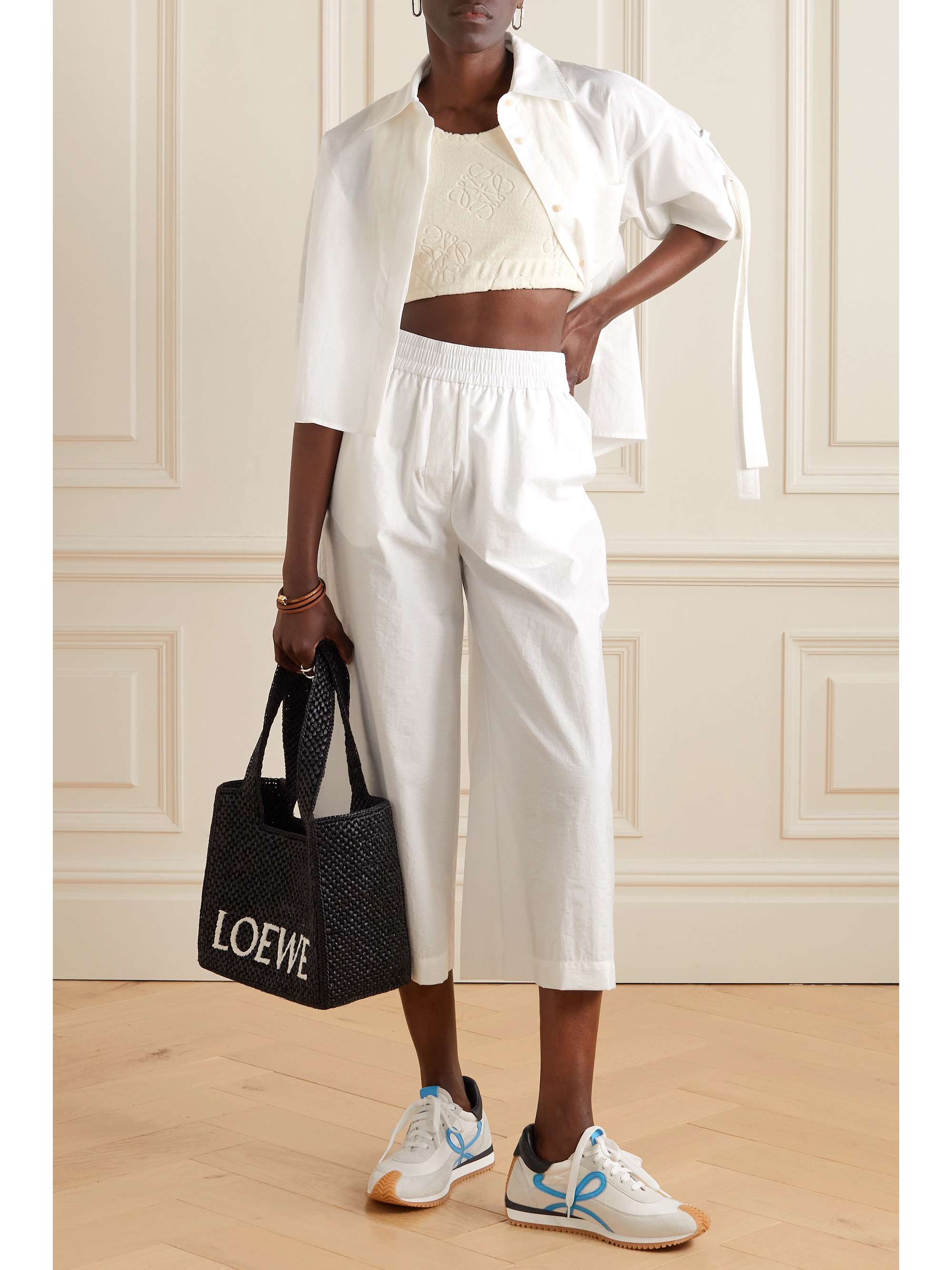 LOEWE + Paula's Ibiza cropped leather-trimmed cotton-blend devoré-terry top
