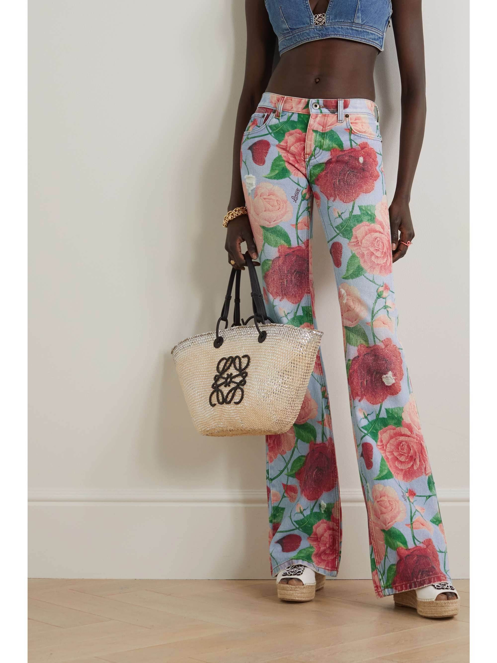 LOEWE + Paula's Ibiza フレアジーンズ レザートリム フローラルプリント