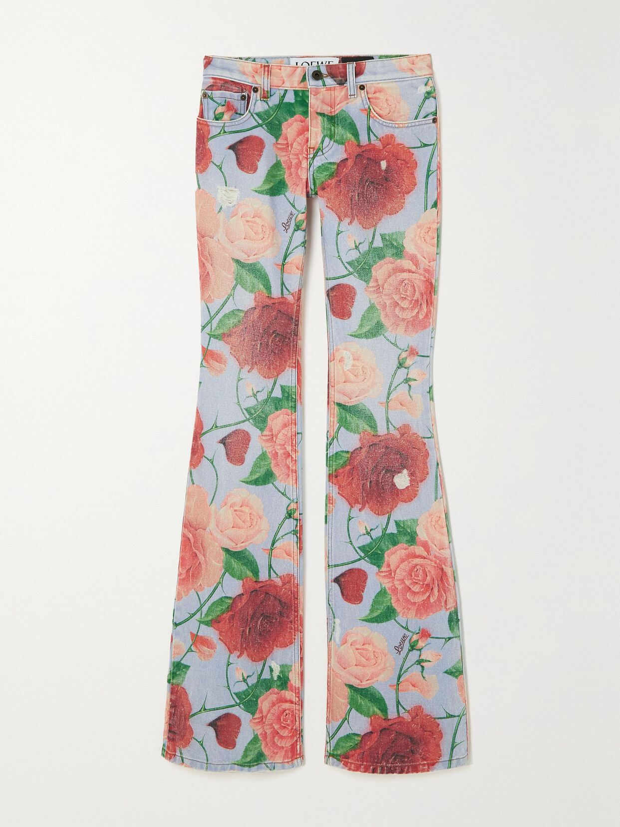 Loewe + Paula's Ibiza Roses Leather-trimmed Floral-print Flared Jeans In Pink/red