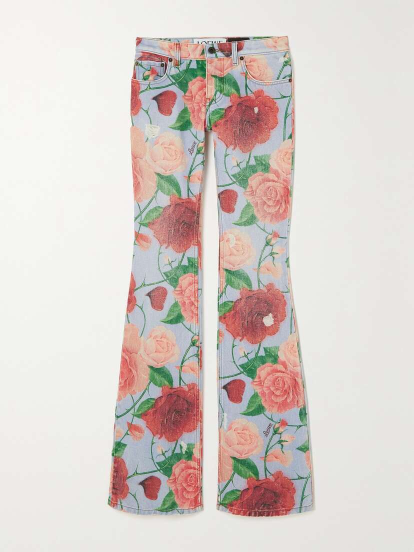 Loewe + Paula's Ibiza Roses Leather-trimmed Floral-print Flared Jeans