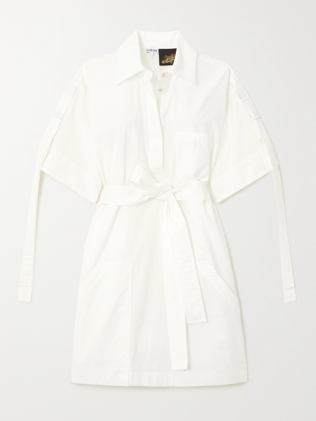 Loewe + Paula's Ibiza Belted Leather-trimmed Cotton-blend Poplin Mini Dress In White