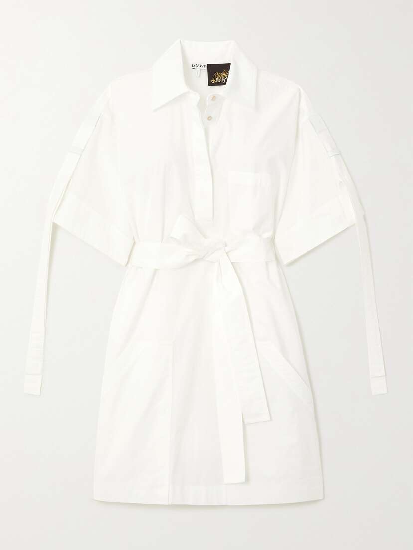 Loewe + Paula's Ibiza Belted Leather-trimmed Cotton-blend Poplin Mini Dress