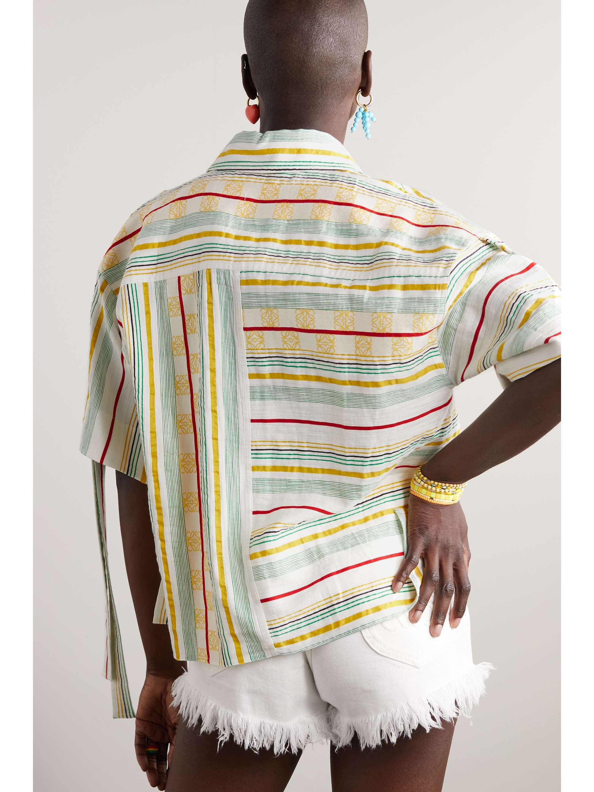 LOEWE + Paula's Ibiza cropped asymmetric striped cotton, linen and silk-blend shirt