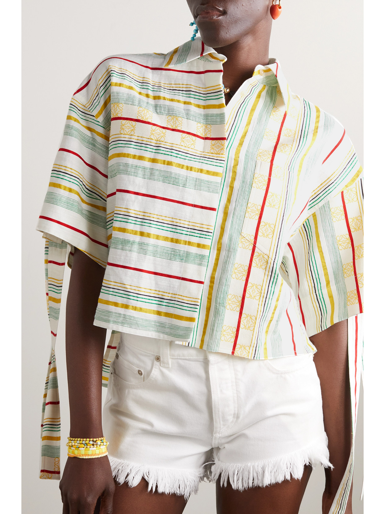 Shop Loewe + Paula's Ibiza Cropped Asymmetric Striped Cotton, Linen And Silk-blend Shirt In White