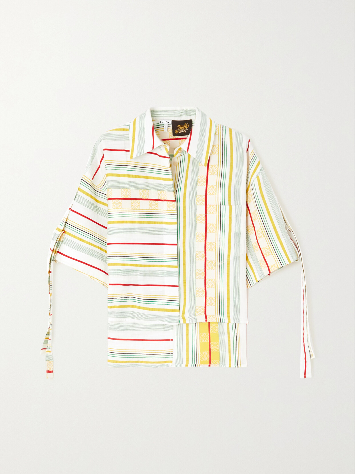 Loewe + Paula's Ibiza Cropped Asymmetric Striped Cotton, Linen And Silk-blend Shirt In White