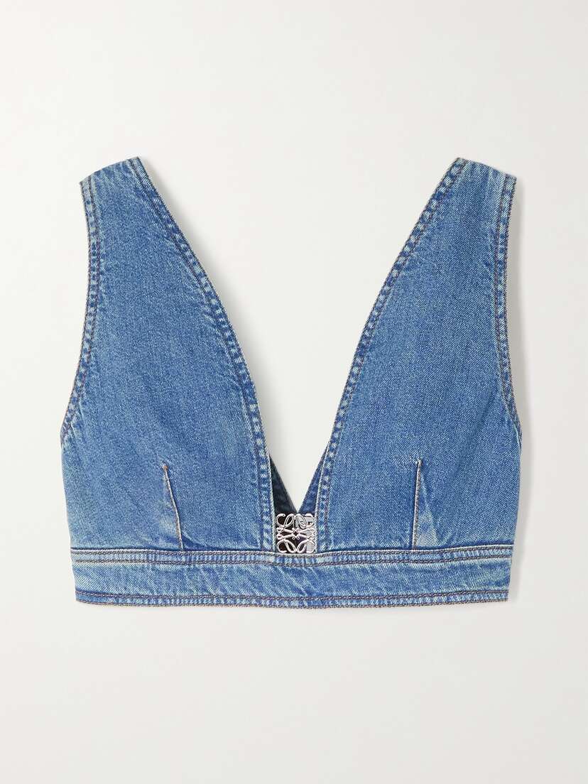 Loewe + Paula's Ibiza Anagram Cropped Embellished Denim Top