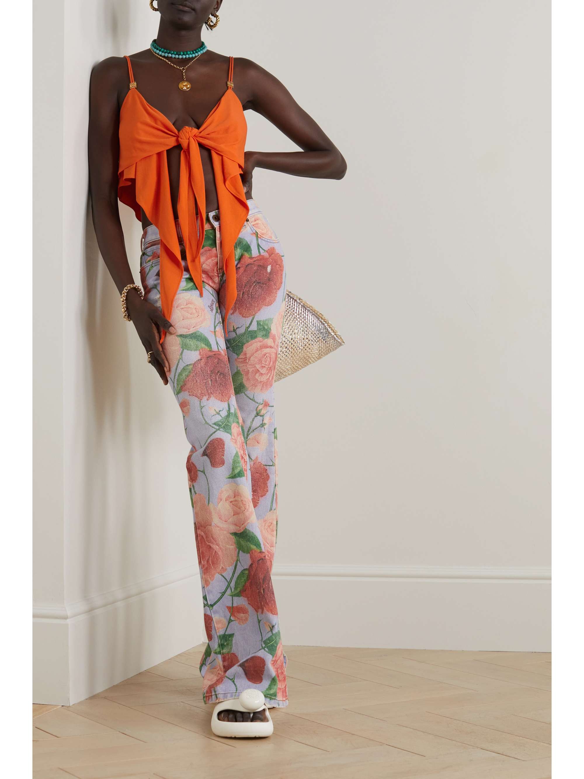 LOEWE + Paula's Ibiza cropped tie-detailed embellished jersey top