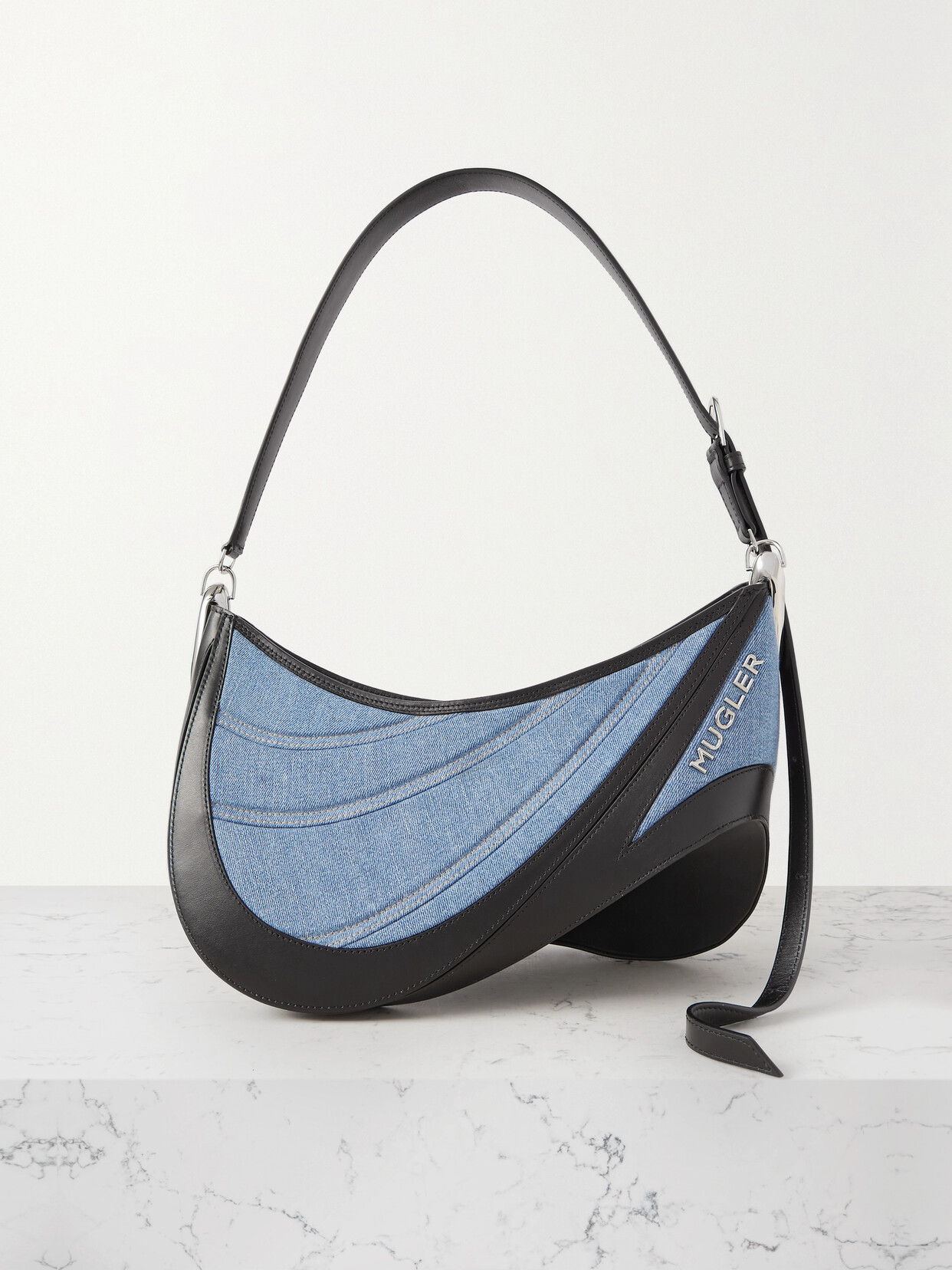 Mugler - Spiral Curve Medium Leather And Quilted Denim Shoulder Bag - Blue